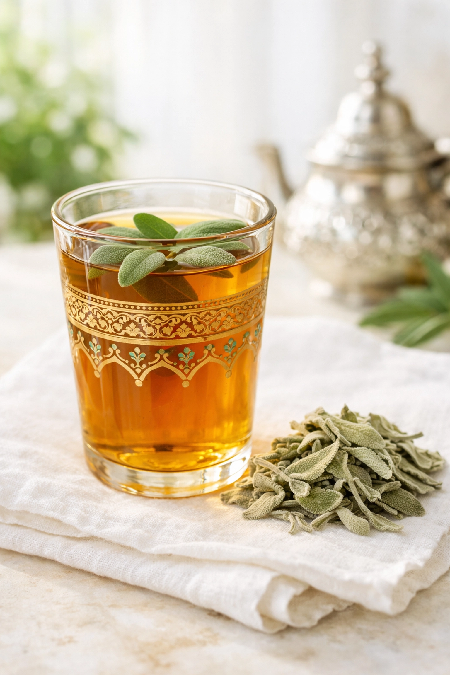 Traditional Moroccan tea glass with herbal Salmya infusion for wellness and digestion.