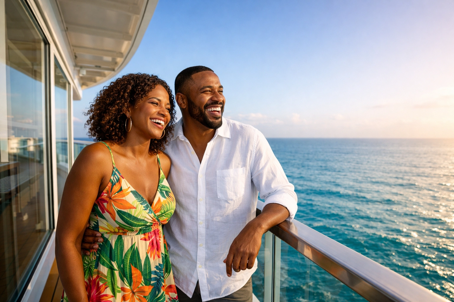 Couple enjoying a cruise balcony view secured by a Lifestyle Cruises travel agent.