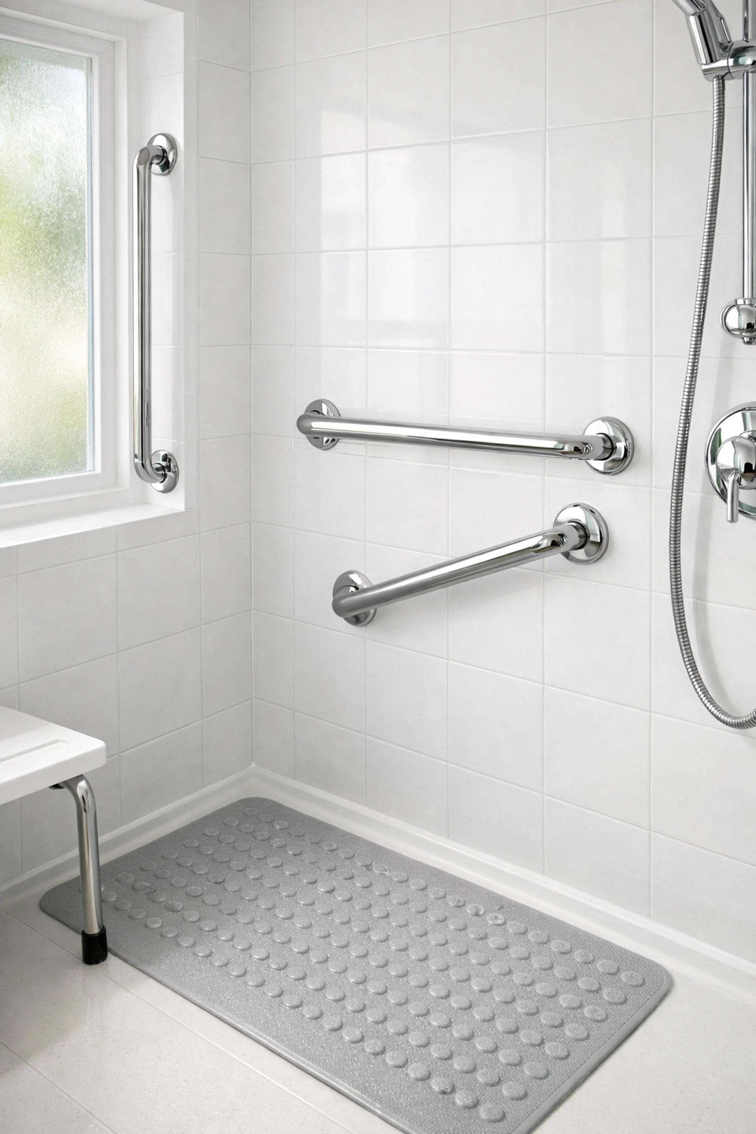 Bathroom grab bars and non-slip mat installed for senior fall prevention safety