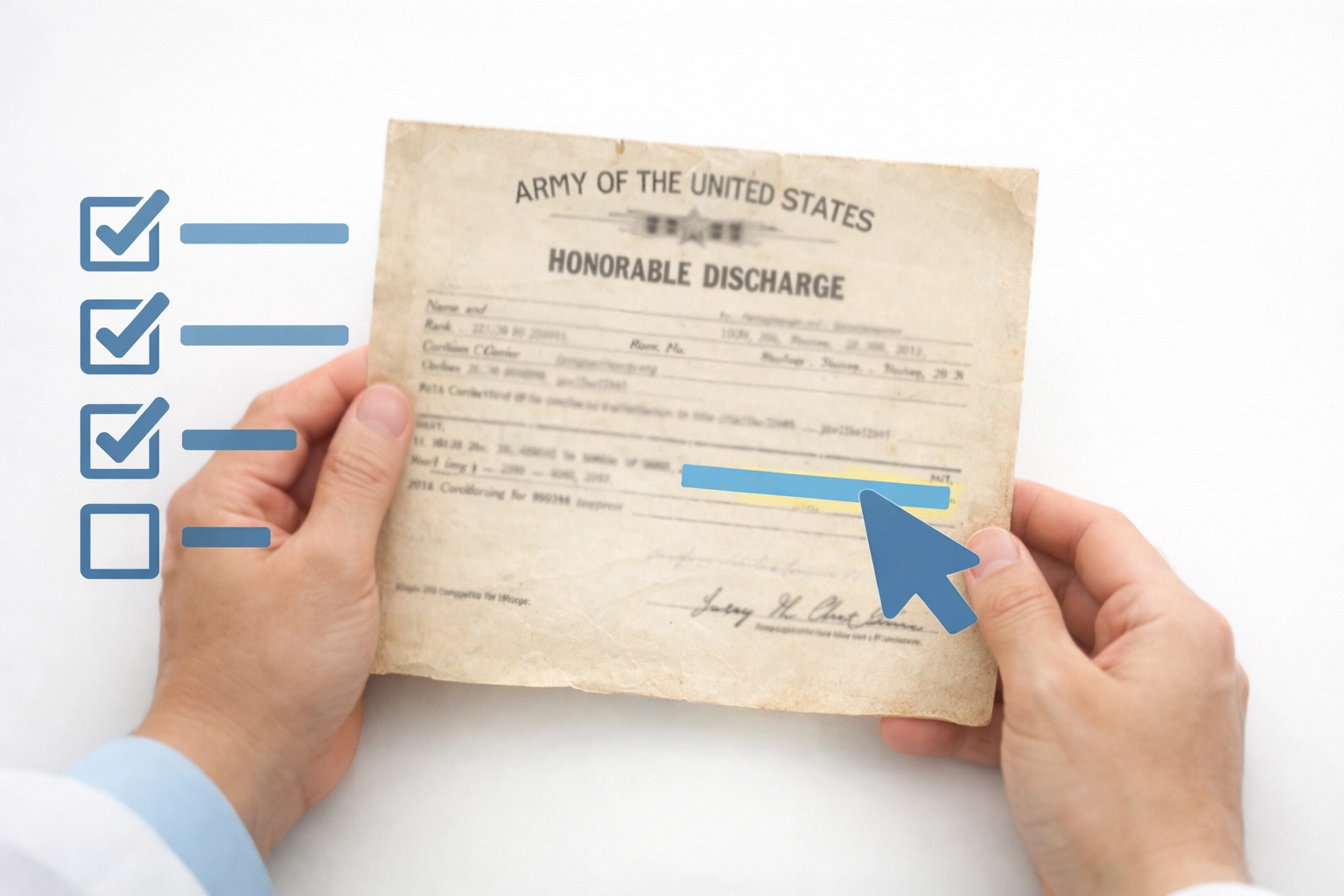 Hands reviewing aged DD214 document with checklist for verifying veteran discharge fields