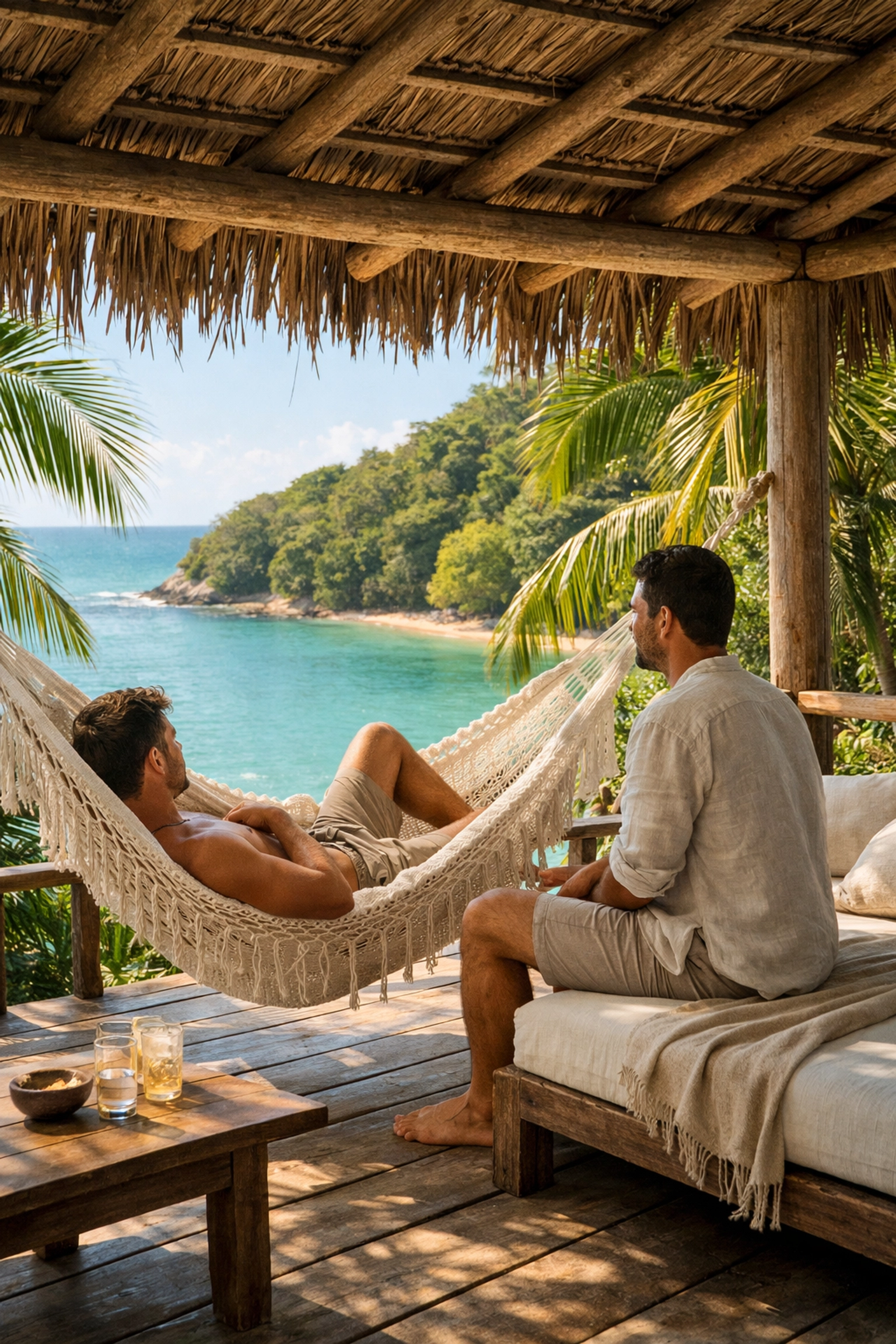 Two men relaxing on a luxury pousada balcony in Trancoso, enjoying a private tropical getaway and ocean views.