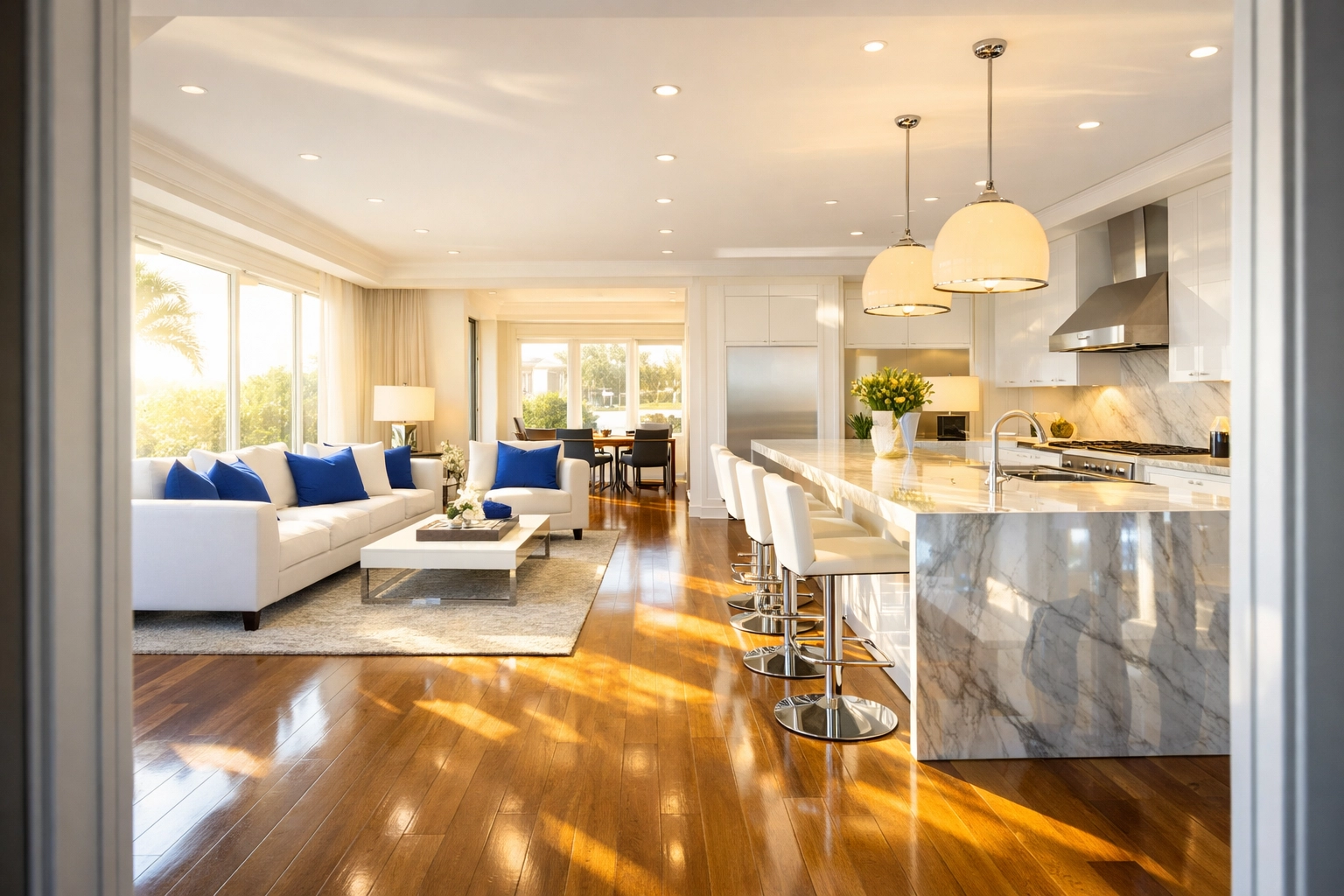 Spotless luxury open-concept home interior staged for a real estate listing by professional cleaners.