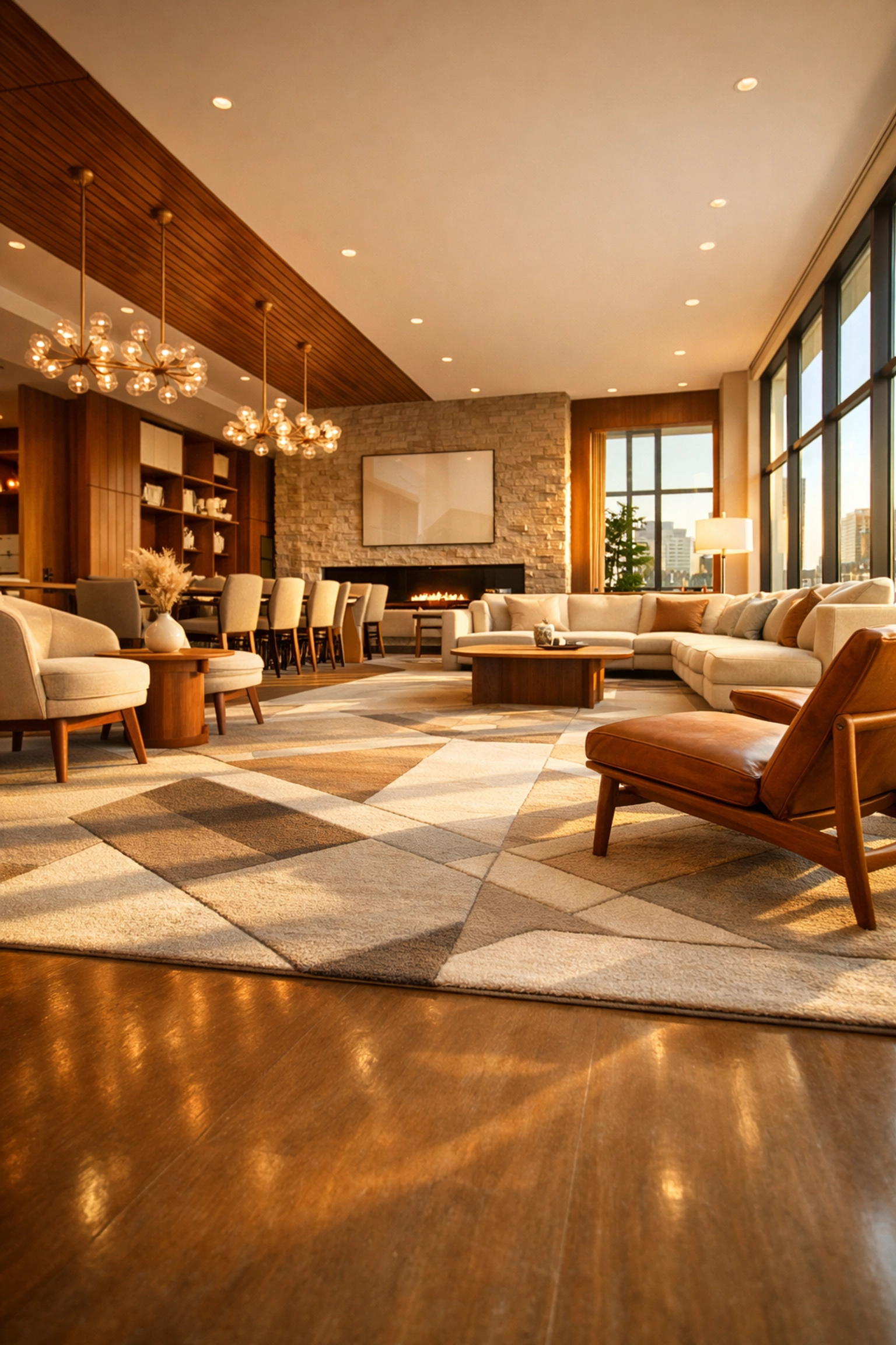 Pristine multifamily residential lounge with clean furniture, demonstrating professional HOA cleaning standards.