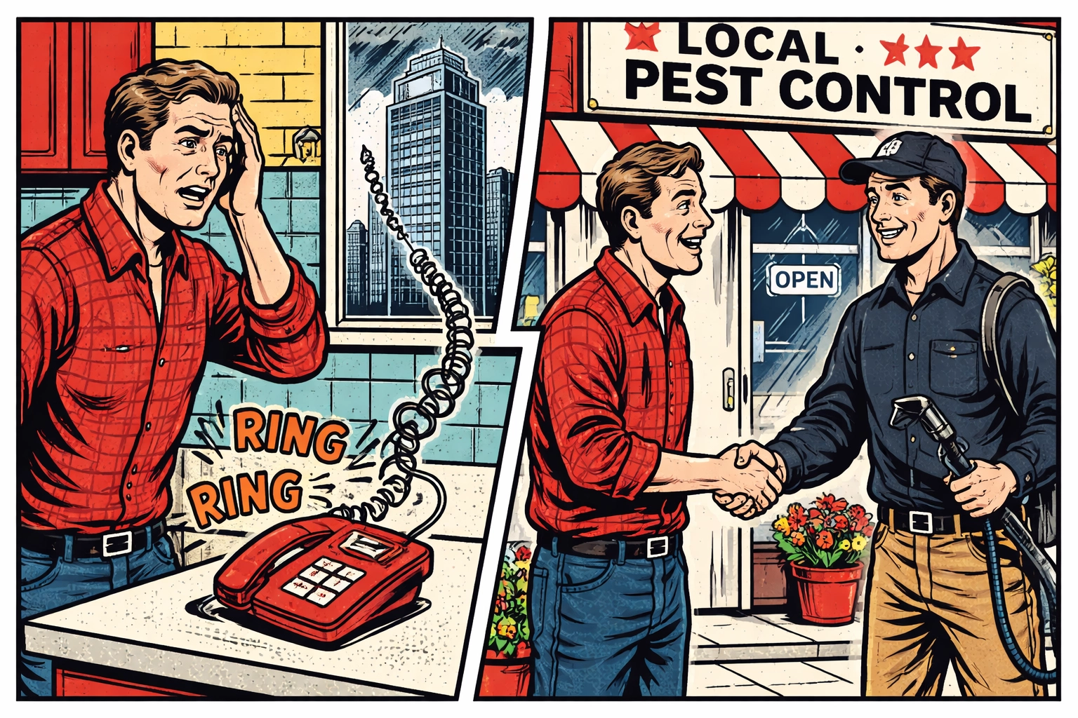 Pop art split scene: frustrated homeowner with national pest control on left, happy with local Birmingham exterminator on right, showcasing benefits of family-owned pest control.