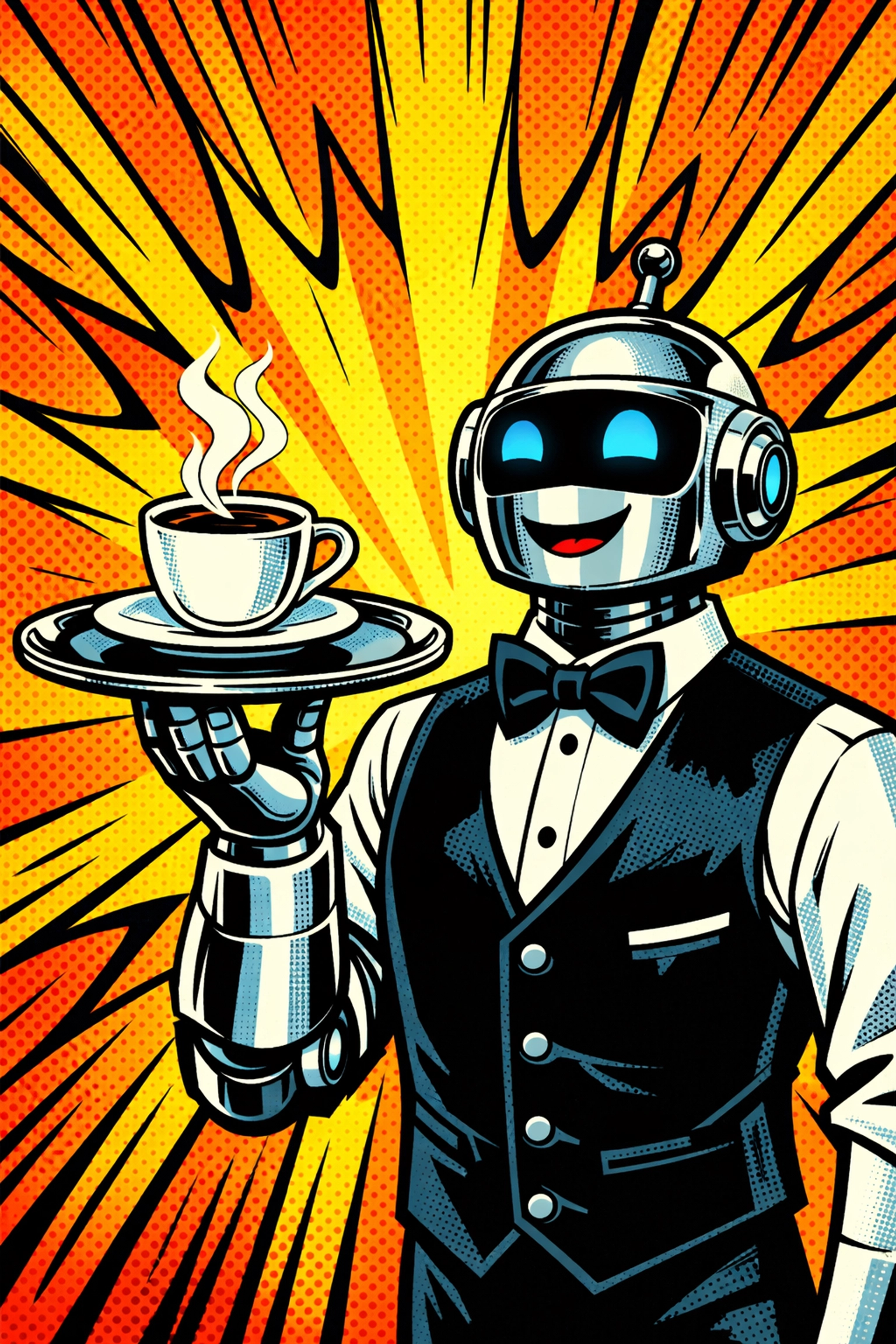 Friendly AI robot serving coffee, illustrating efficient business automation for small owners.