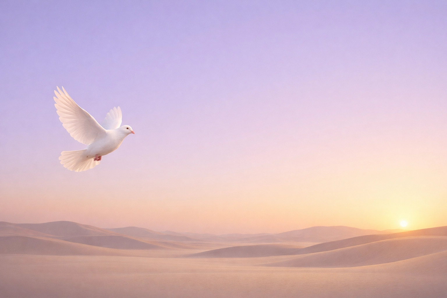 A white dove flying over a quiet desert landscape at sunset, symbolizing divine peace.