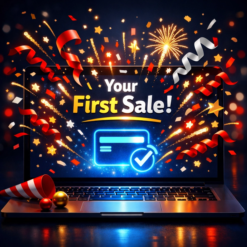First online sale celebration on laptop screen symbolizing business success