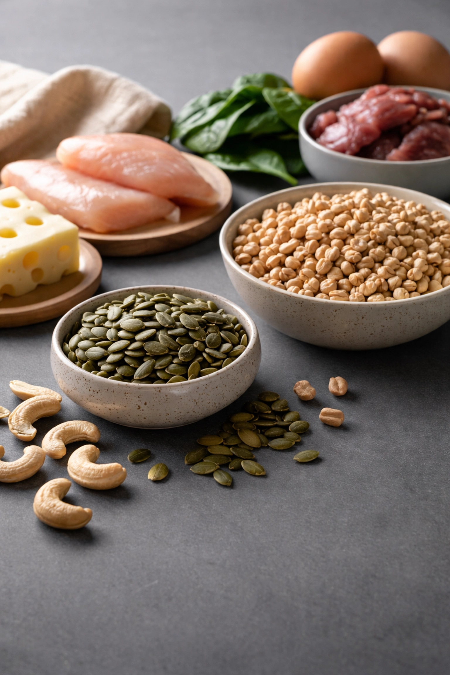 Zinc-rich foods such as pumpkin seeds, cashews, and chickpeas essential for muscle repair