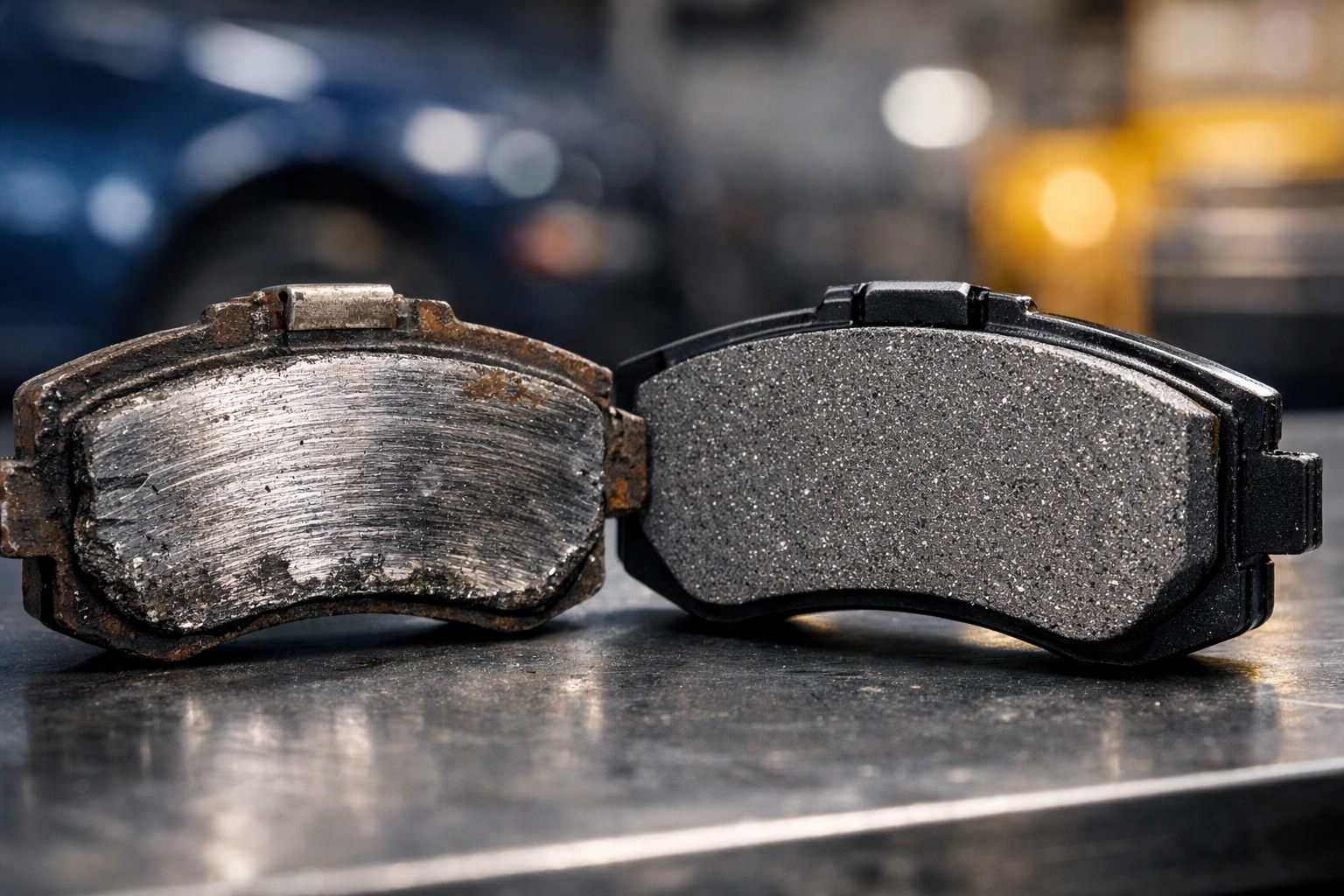 Comparison of a worn-out brake pad and a new one during an Ingersoll brake inspection.