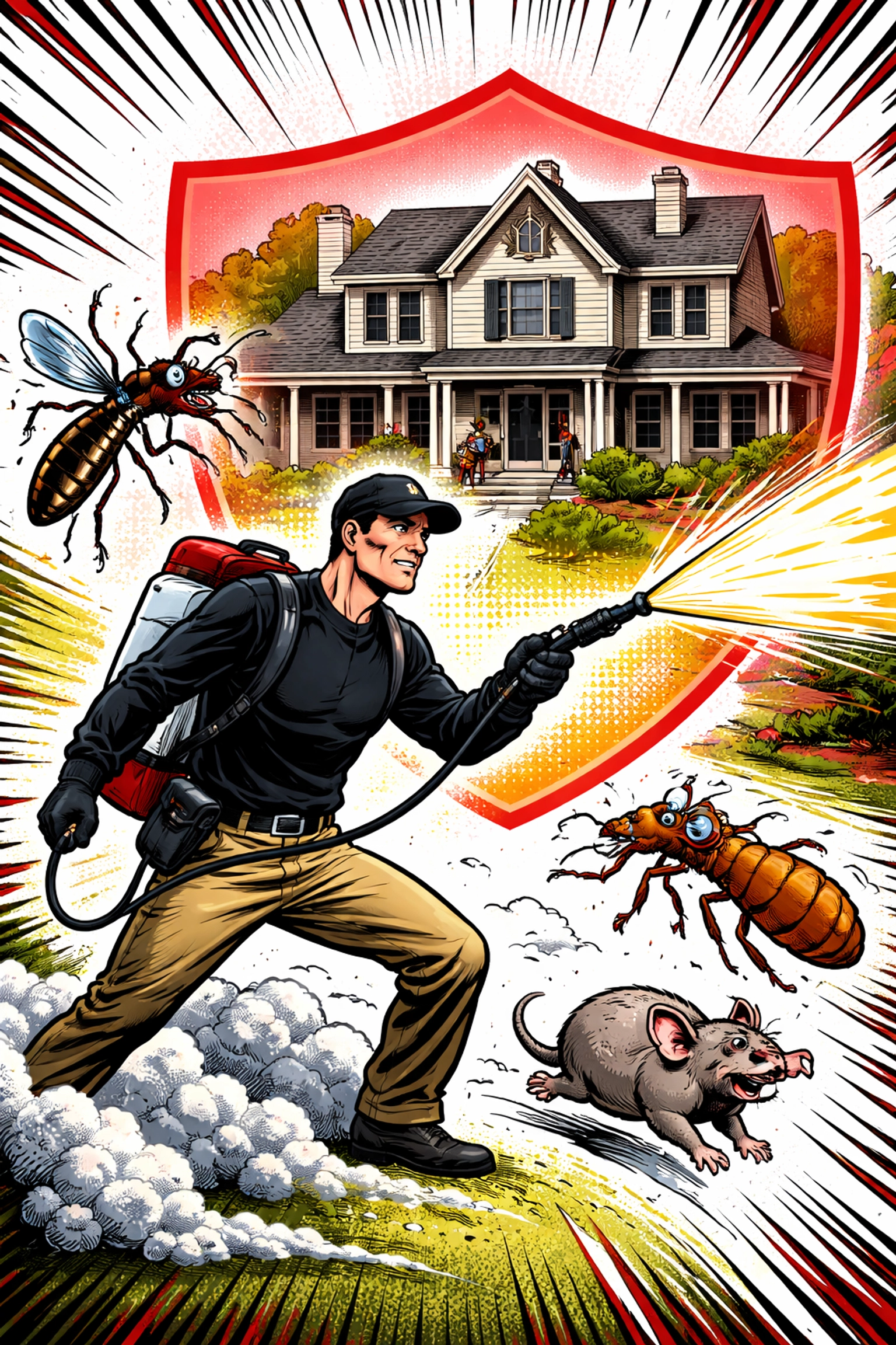Comic pop art of Pest X technician protecting an Alabama home as termites, mosquitoes, and mice flee, illustrating whole-home pest control service.