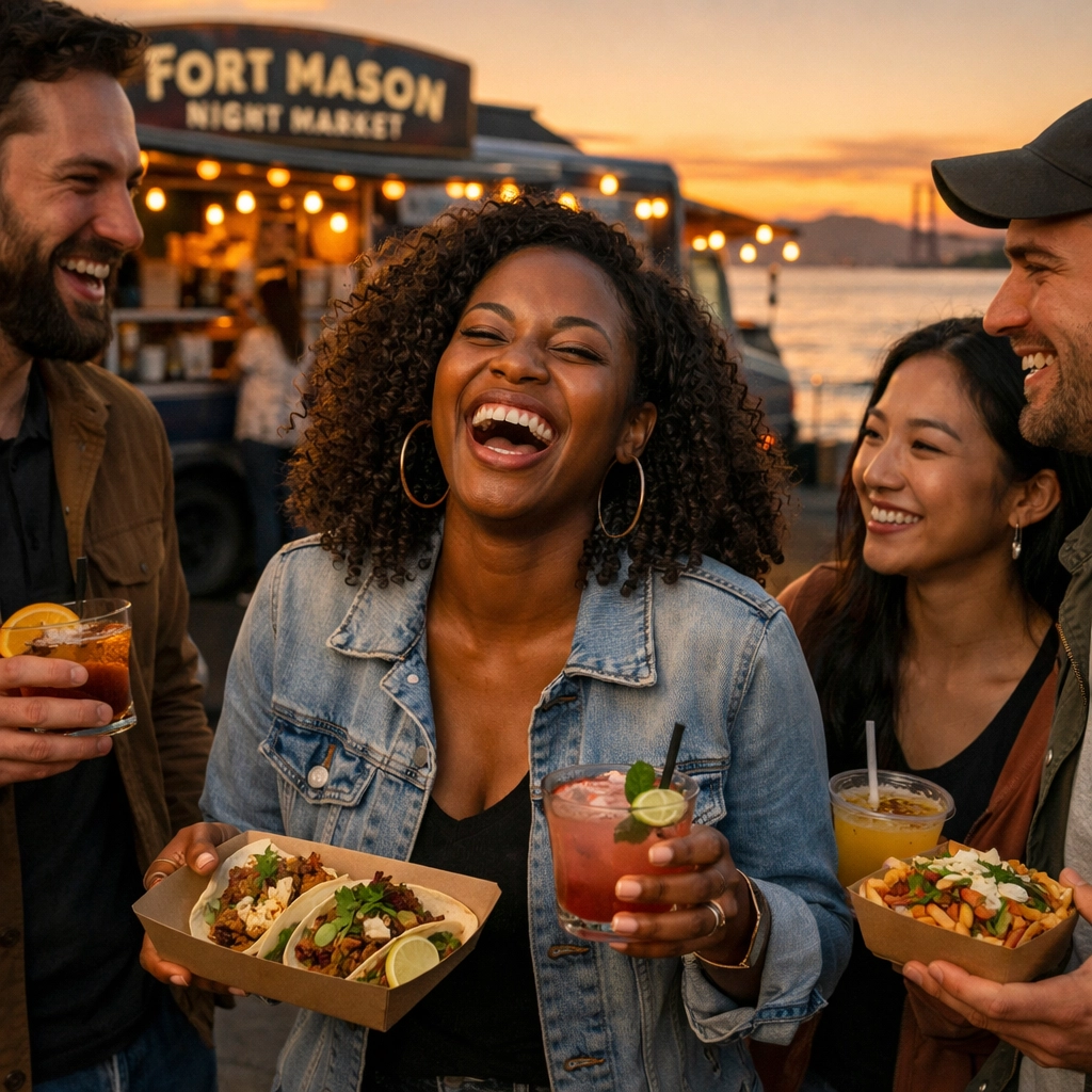 Diverse group enjoying street food at the Fort Mason Night Market in San Francisco's Marina district.