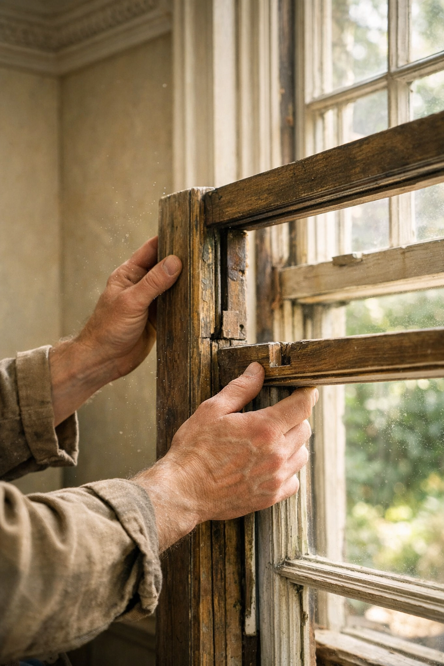 Craftsman examining traditional sash window in listed building restoration
