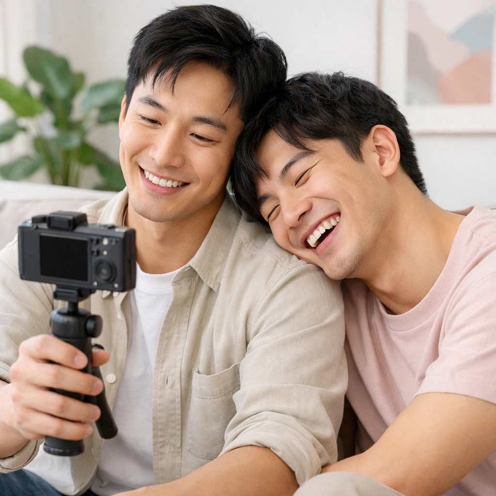 A joyful East Asian gay couple vlogging together, representing authentic queer voices and MM contemporary romance life.