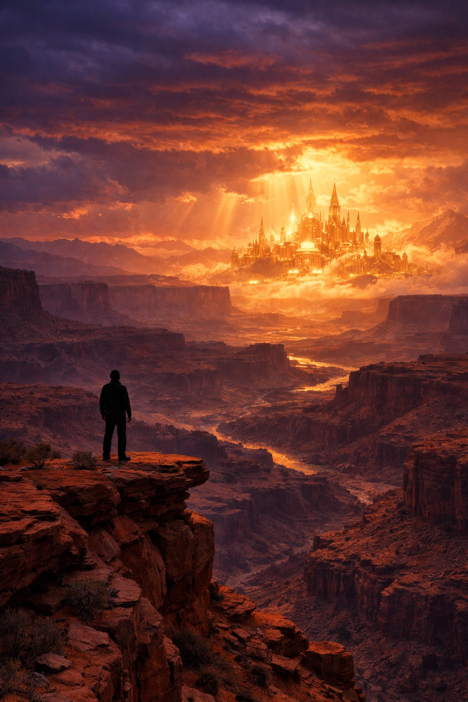 Silhouette on a St. George red rock cliff gazing at a heavenly horizon, reflecting the eternal choice in faith.