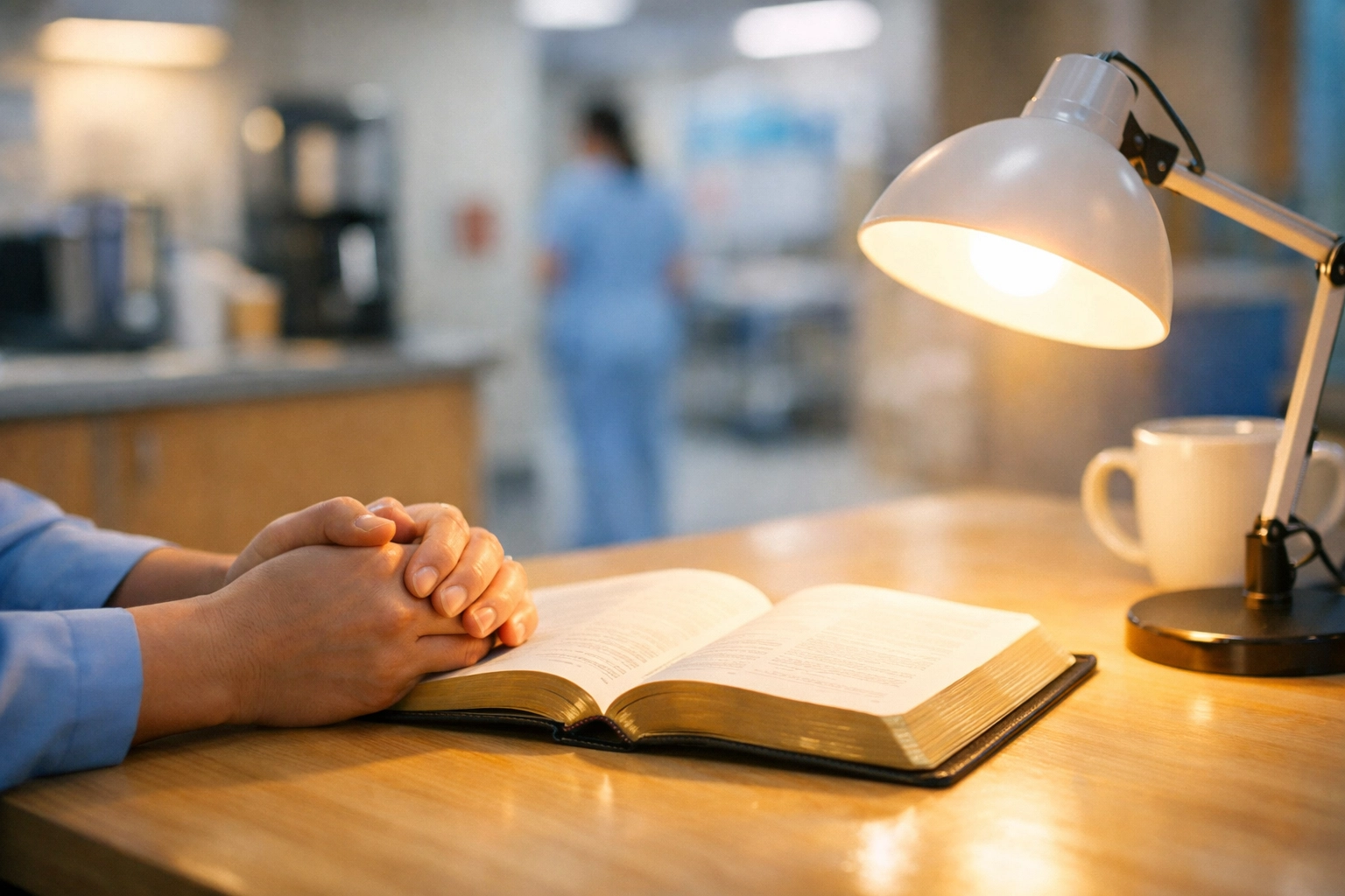 A night shift worker studying the Bible in a breakroom sanctuary, a ministry of FA Memphis.