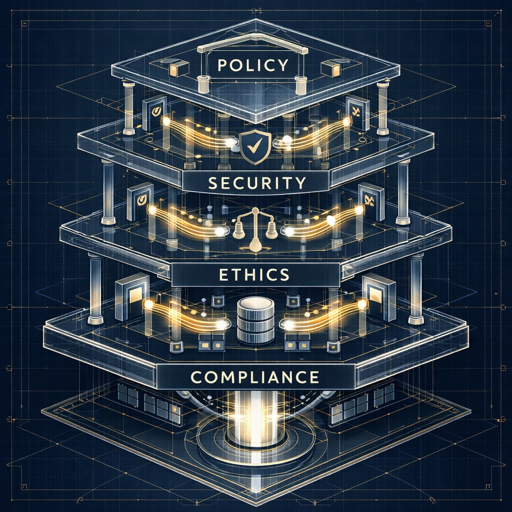 Multi-layered AI governance framework showing policy, security, ethics, and compliance structure