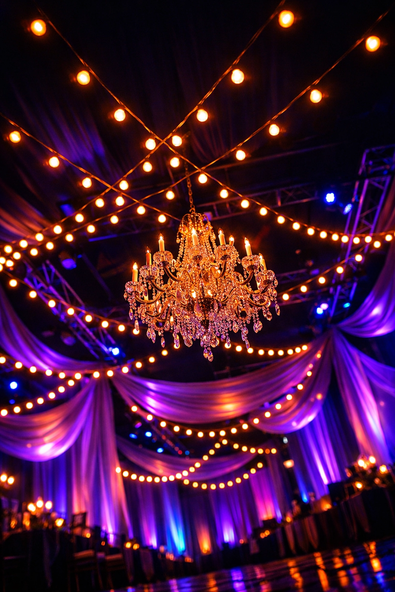 String lights and uplighting create ambient atmosphere at fundraising event venue