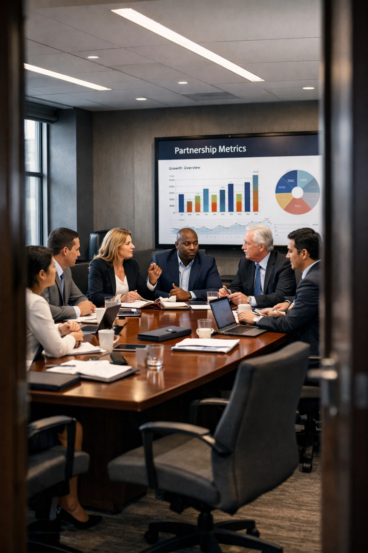 Brand partnership strategy meeting with professionals reviewing metrics and collaboration