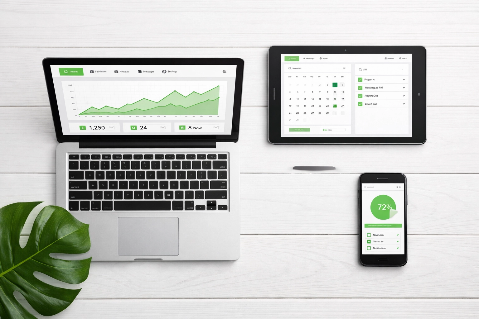 Integrated online booking system shown on a laptop, tablet, and smartphone for local businesses.