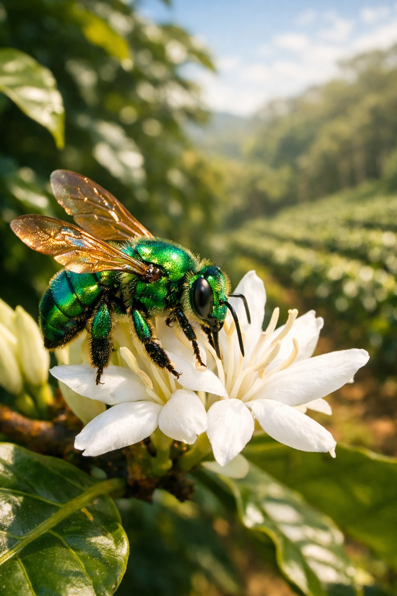 A green orchid bee pollinating a coffee flower in a sustainable Costa Rican plantation, illustrating biodiversity.