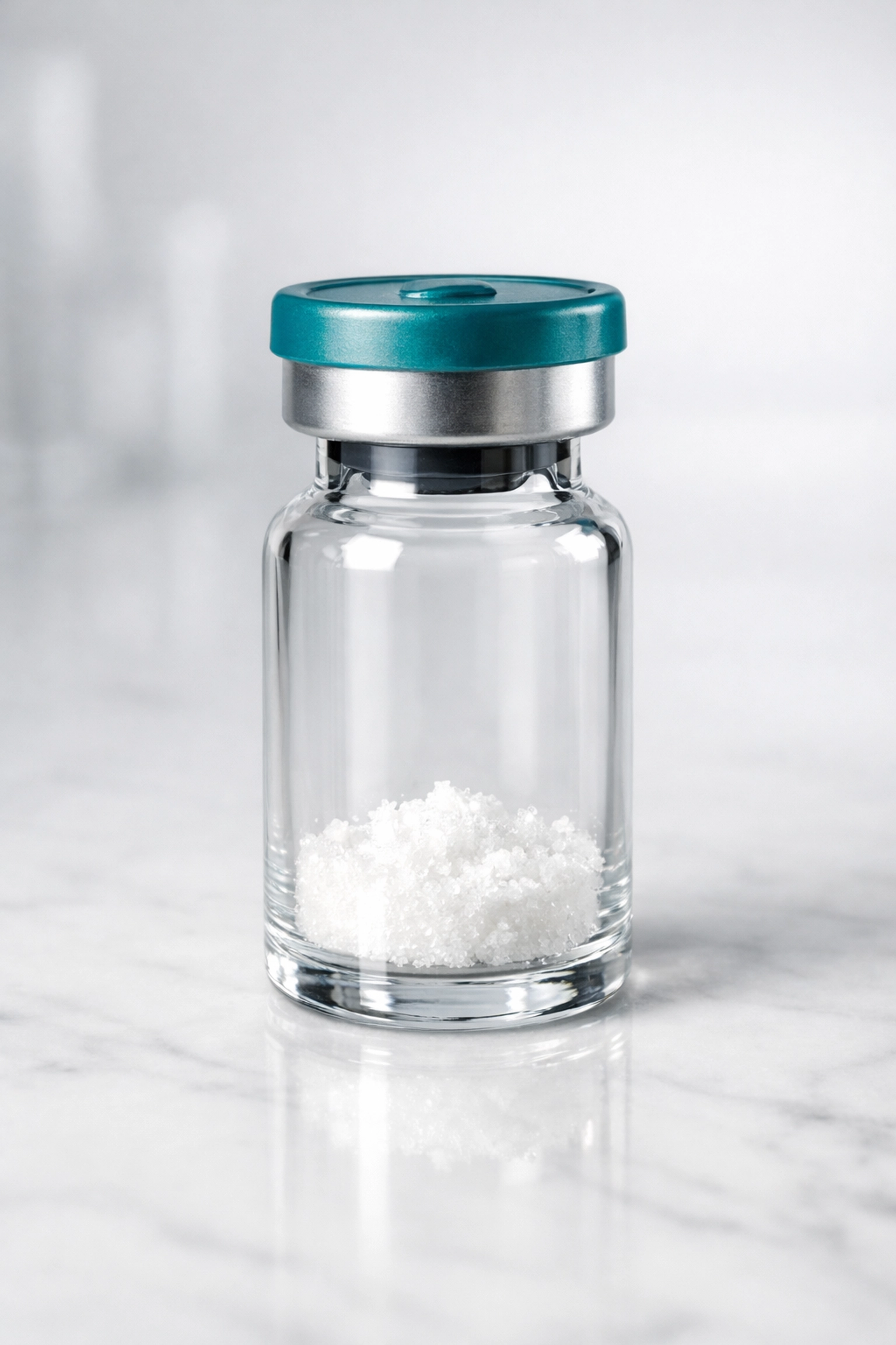 A glass vial of lyophilized peptide powder ready for peptide calculator dosing.