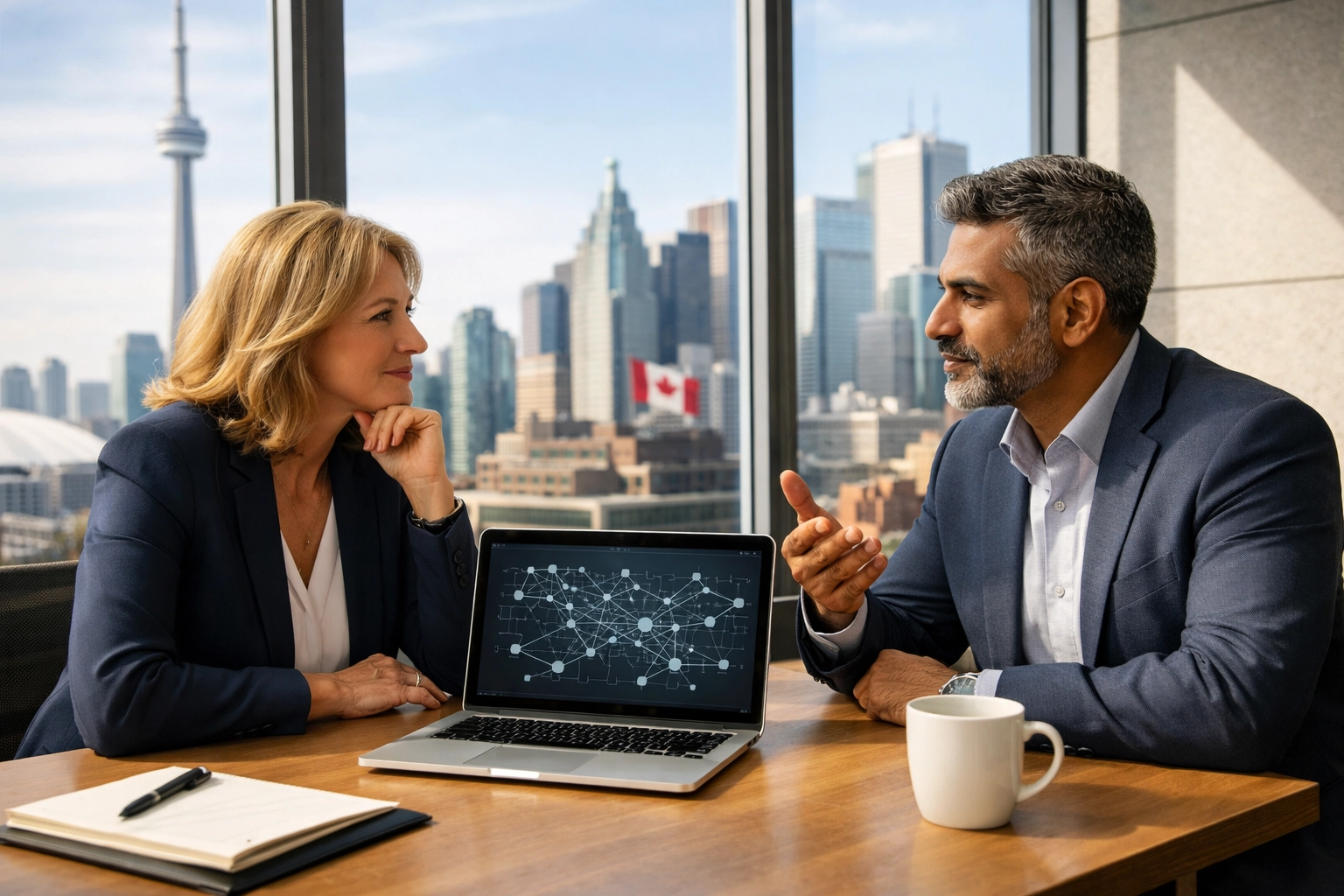 Canadian business owners discussing scalable growth and choosing the best internet provider in a modern office.