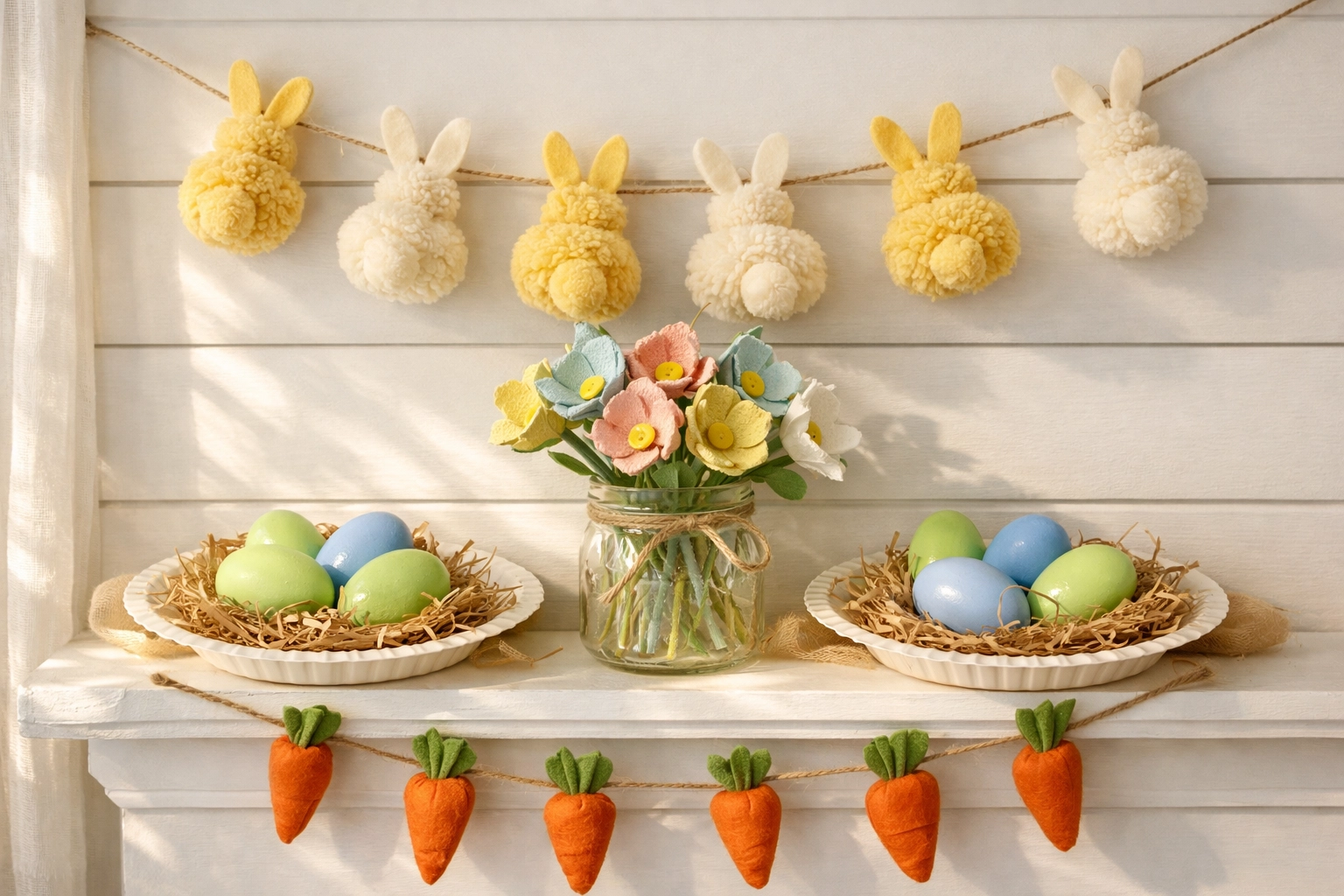 DIY Easter crafts on mantel featuring bunny garland and hand-painted wooden eggs