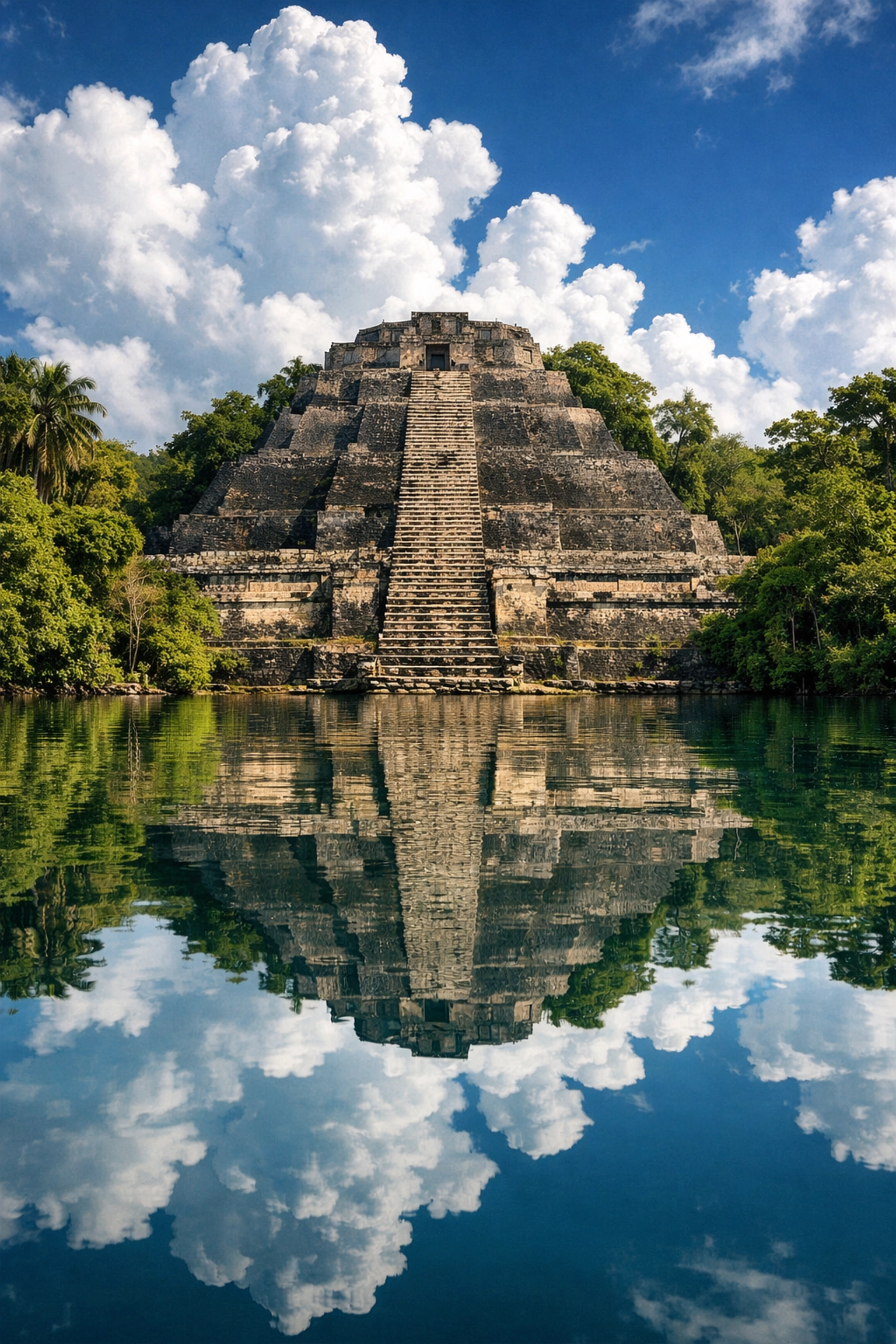 High Temple at Lamanai archaeological site reflecting in New River Lagoon, Belize