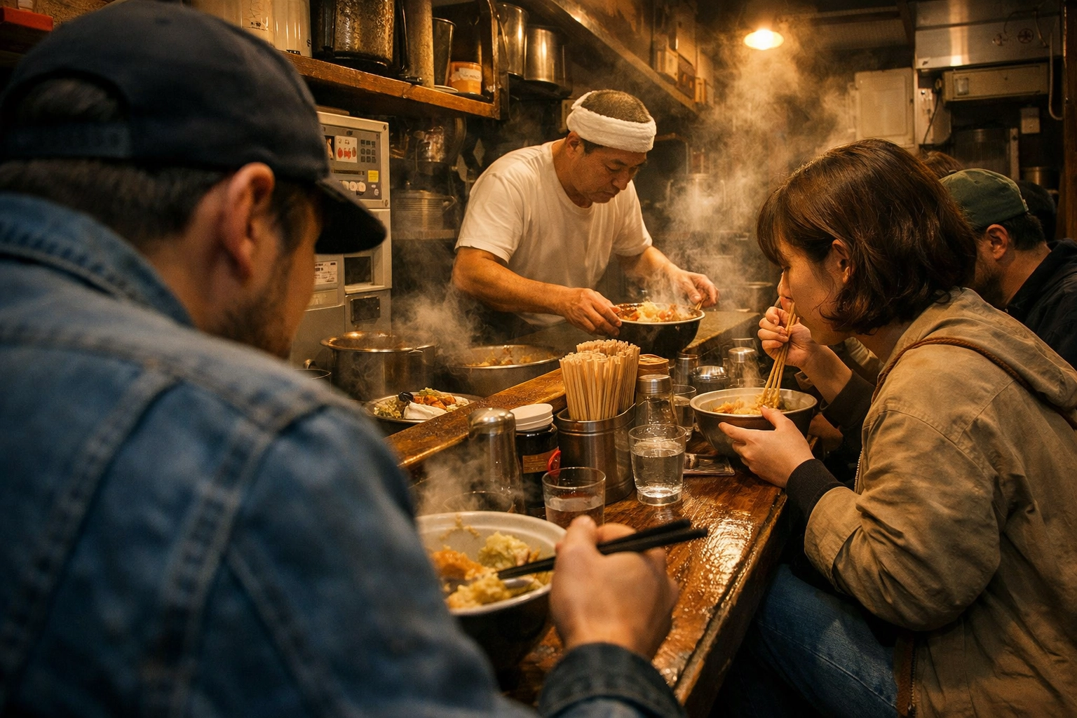 Small group food tour guests dining at a hidden gem ramen shop in the heart of Tokyo.