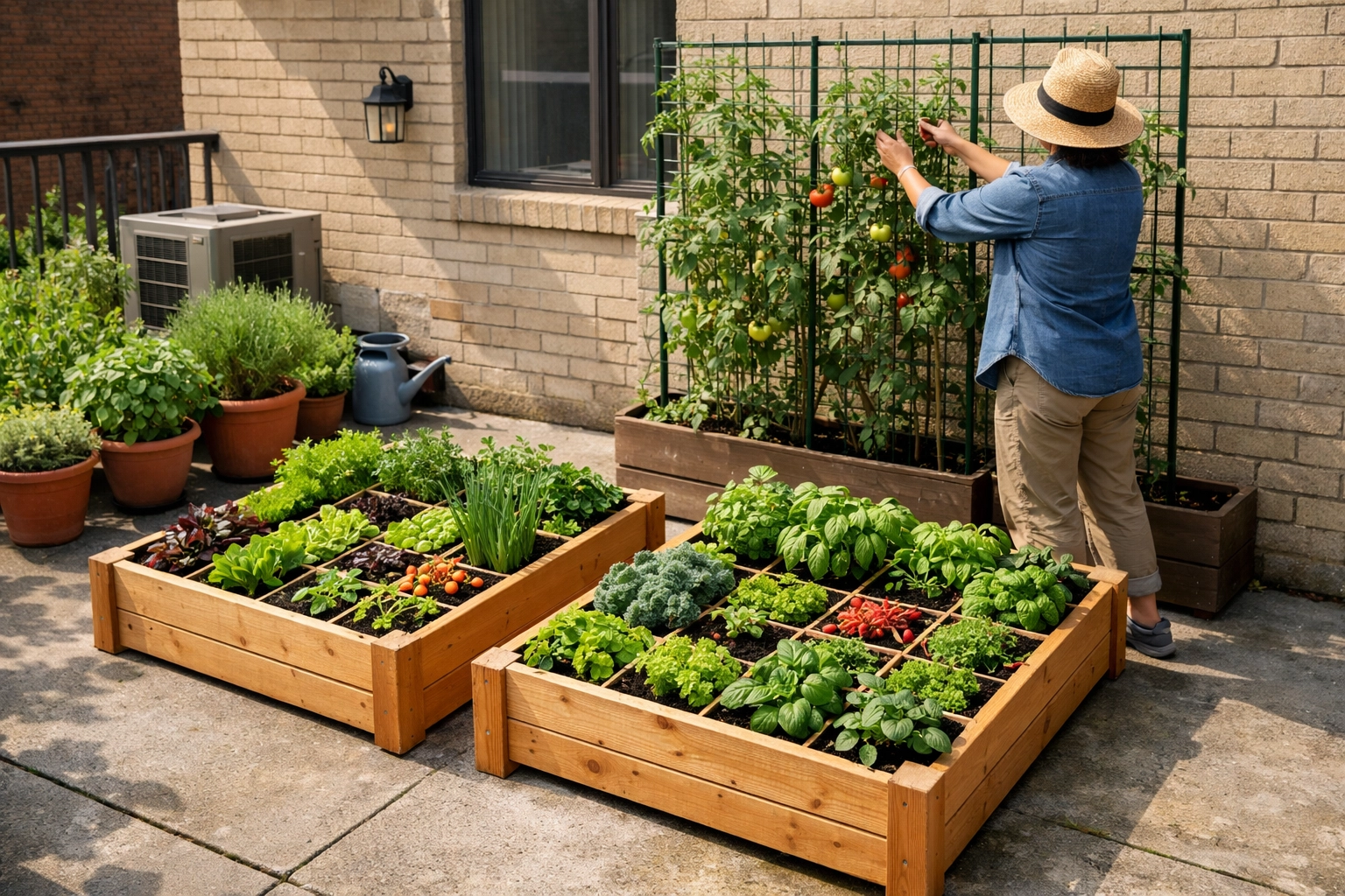 Small urban patio garden with raised beds and vertical trellis for tomatoes
