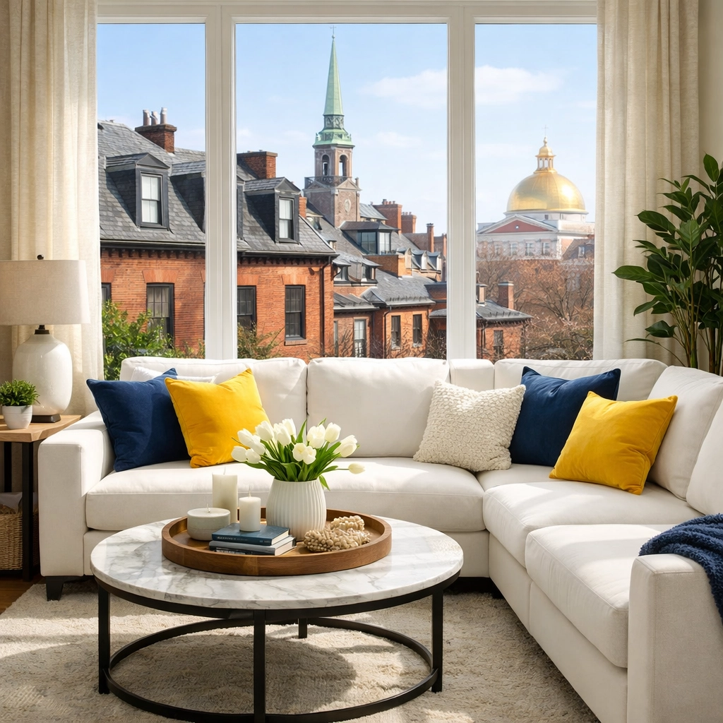 A sun-drenched, dust-free living room sanctuary following a professional Apartment Cleaning Boston visit.