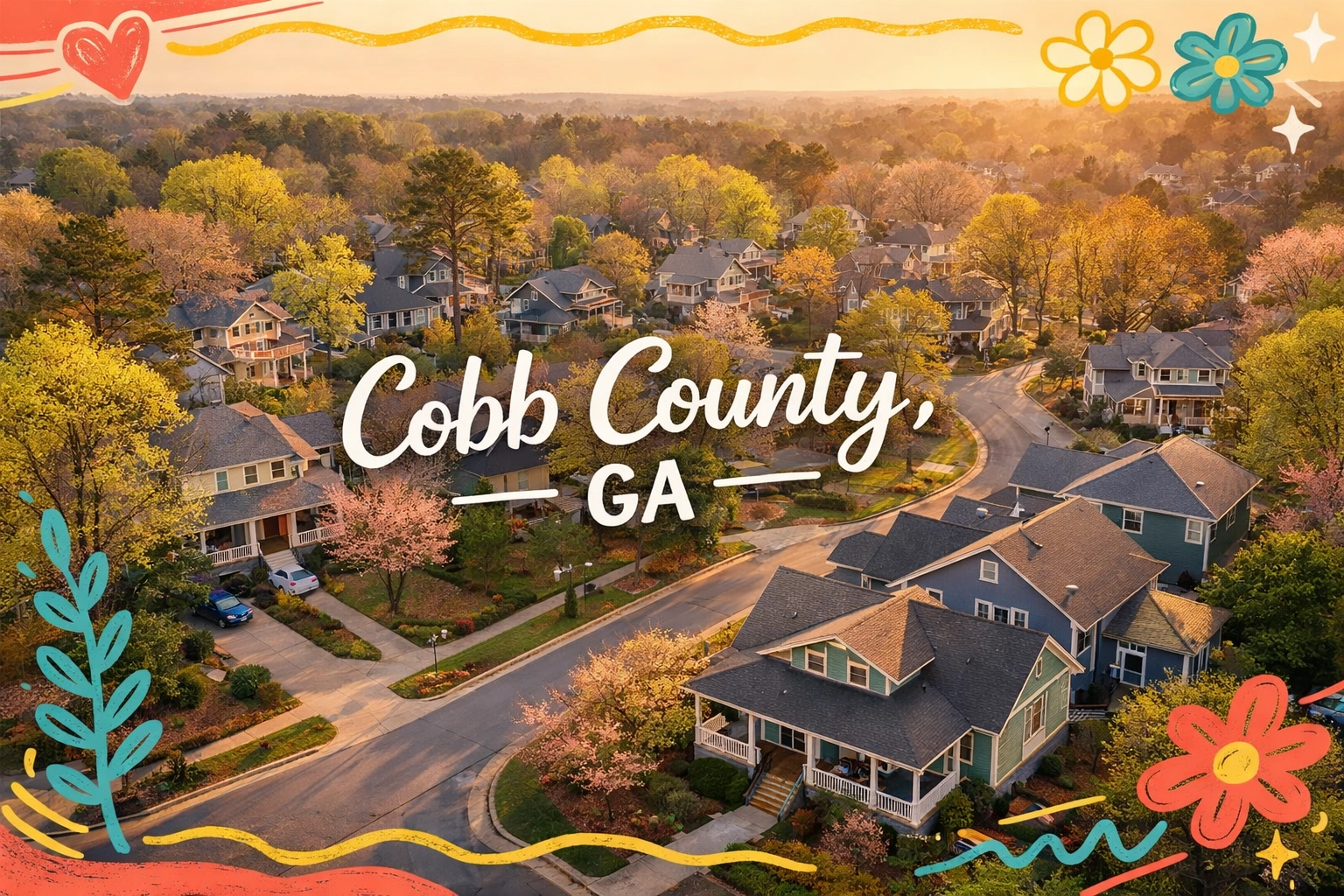 Aerial view of Cobb County suburban neighborhood homes in early spring 2026 Aerial view of Cobb County suburban neighborhood homes in early spring 2026