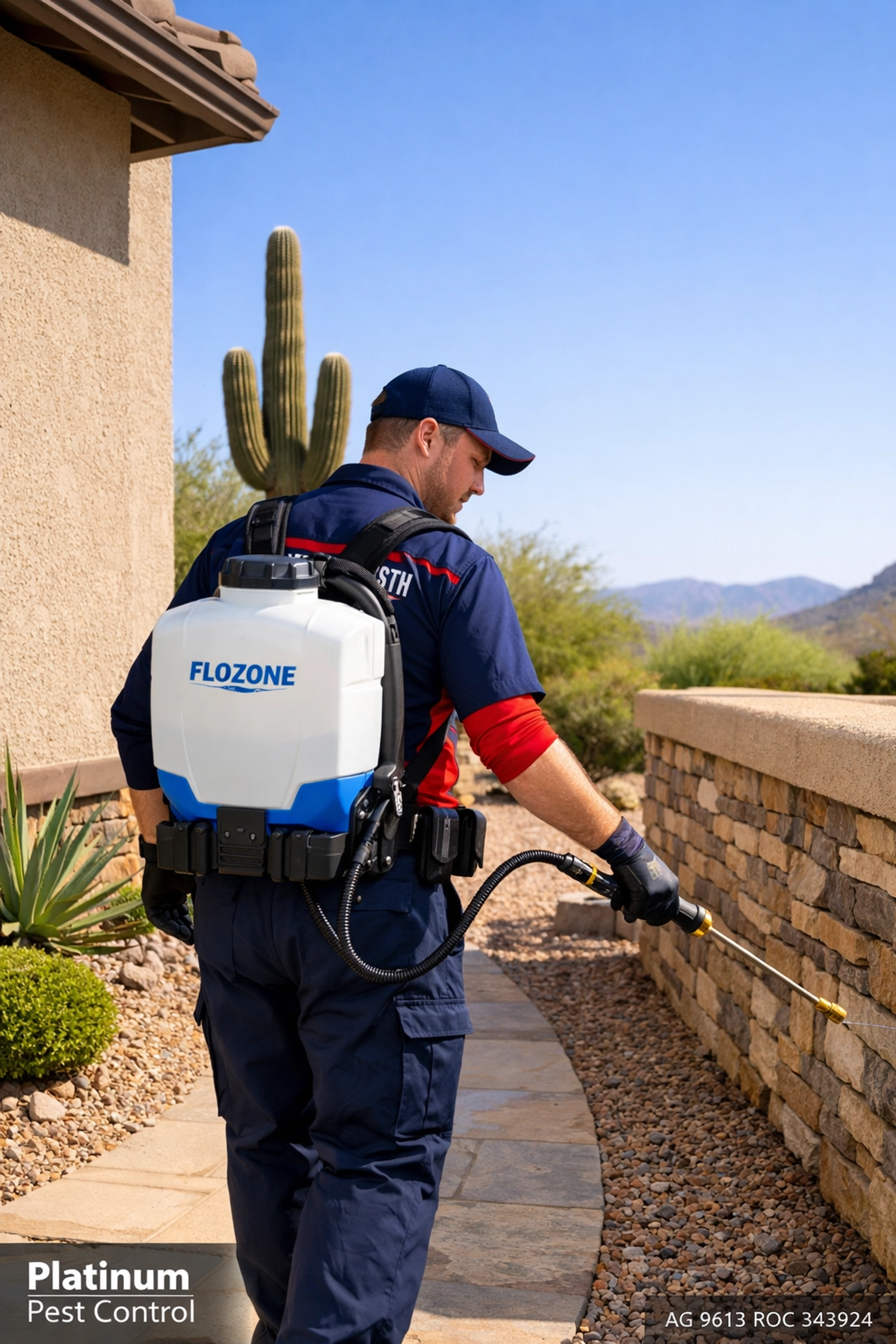 Bucksworth Home Services technician applying a liquid pest control barrier to a home in Marana, Arizona.