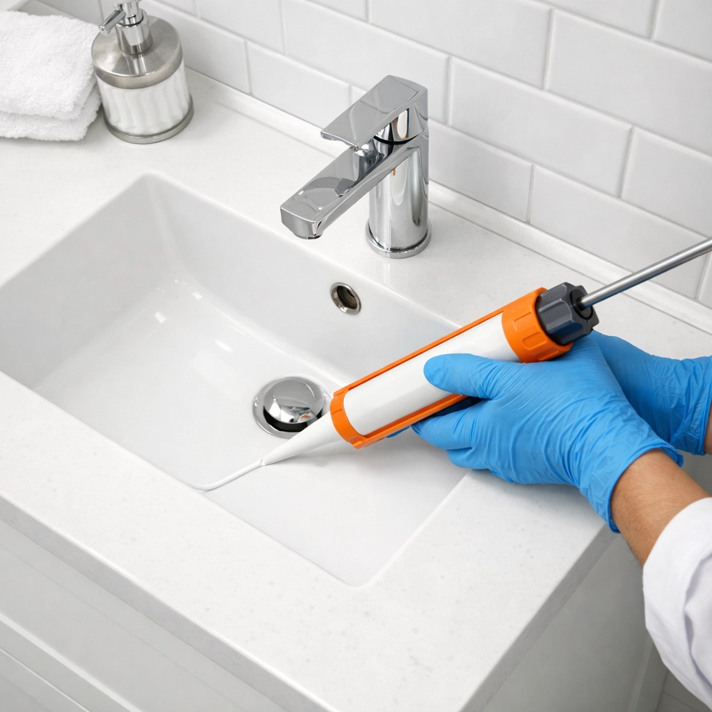 Professional cleaner applying fresh caulk around bathroom sink during make-ready cleaning