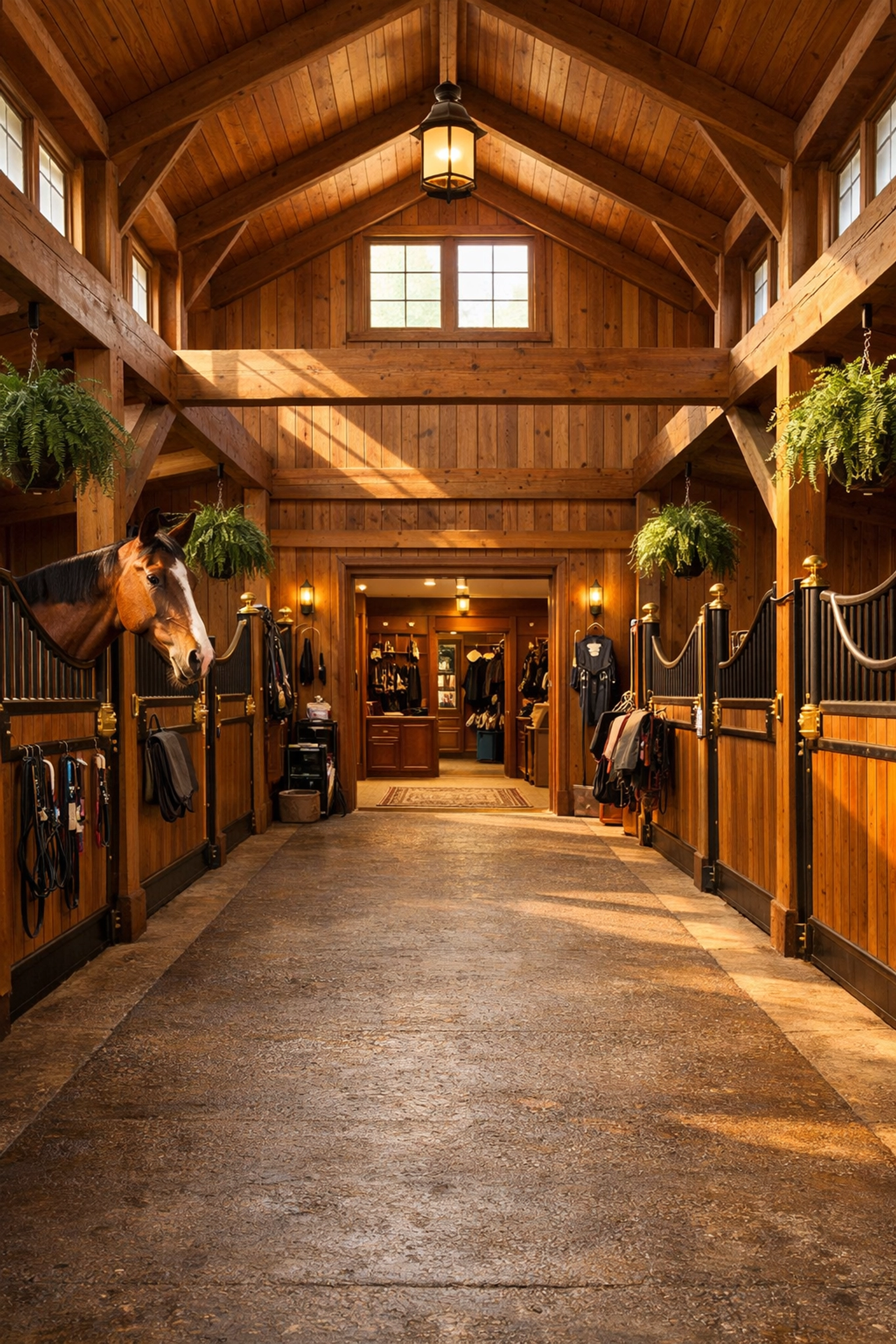 Professional equestrian barn interior with horse stalls and center aisle in North Carolina