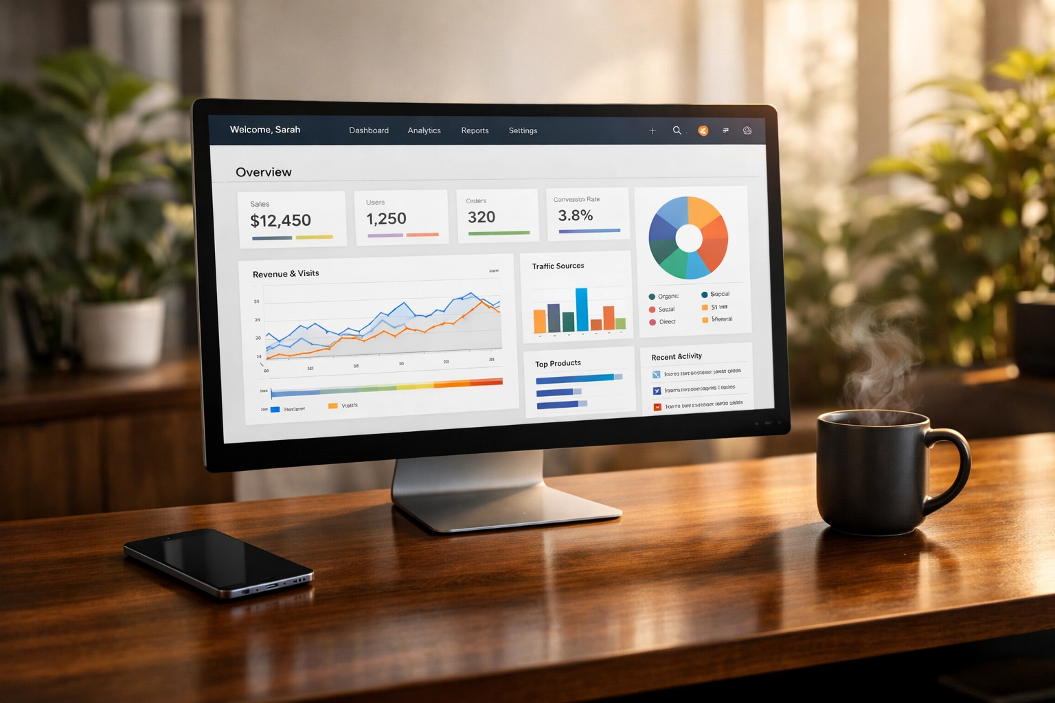 Modern workspace showing a crm setup dashboard on a monitor for efficient workflow automation for small business.