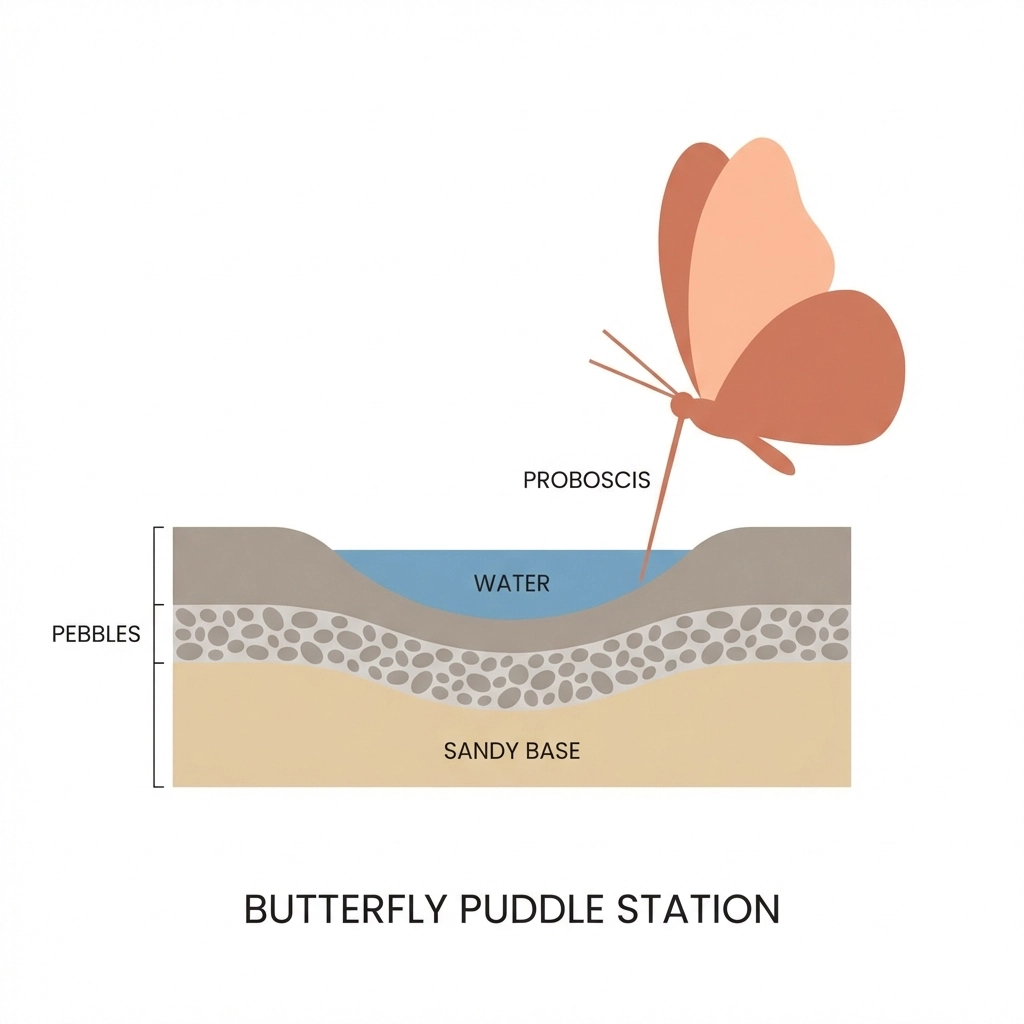 Cross-section illustration of a butterfly puddle station showing sand, pebbles, water depression, and puddling butterfly