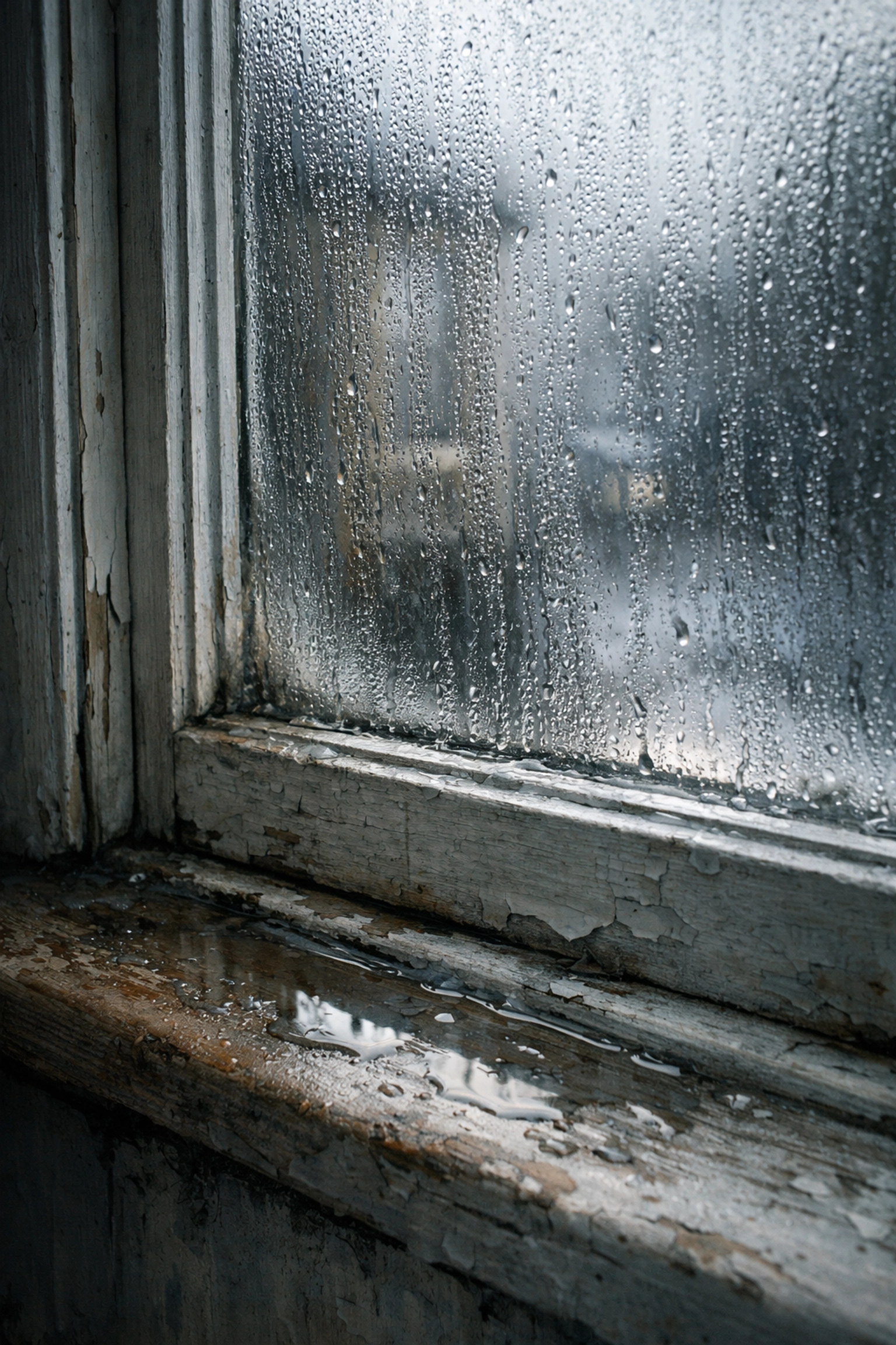 Severe condensation on a Victorian sash window with water pooling on the damp timber sill.