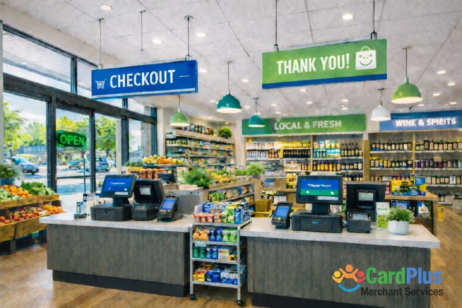 GOKUL + CardPlus: Bright and modern storefront of a thriving local grocery and liquor shop with a professional design.