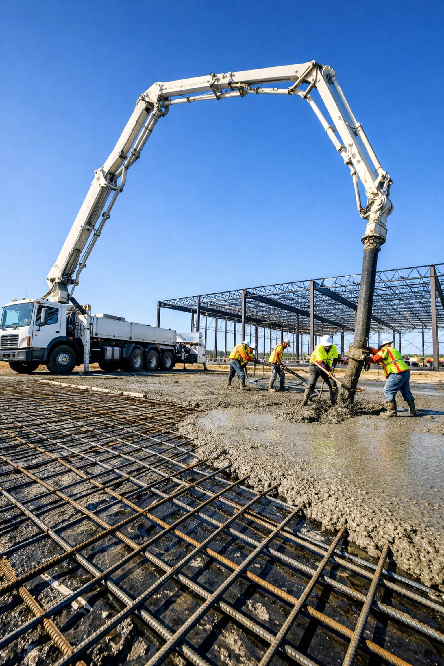 Professional Grand Island concrete contractors using a pump truck for a commercial warehouse foundation project.
