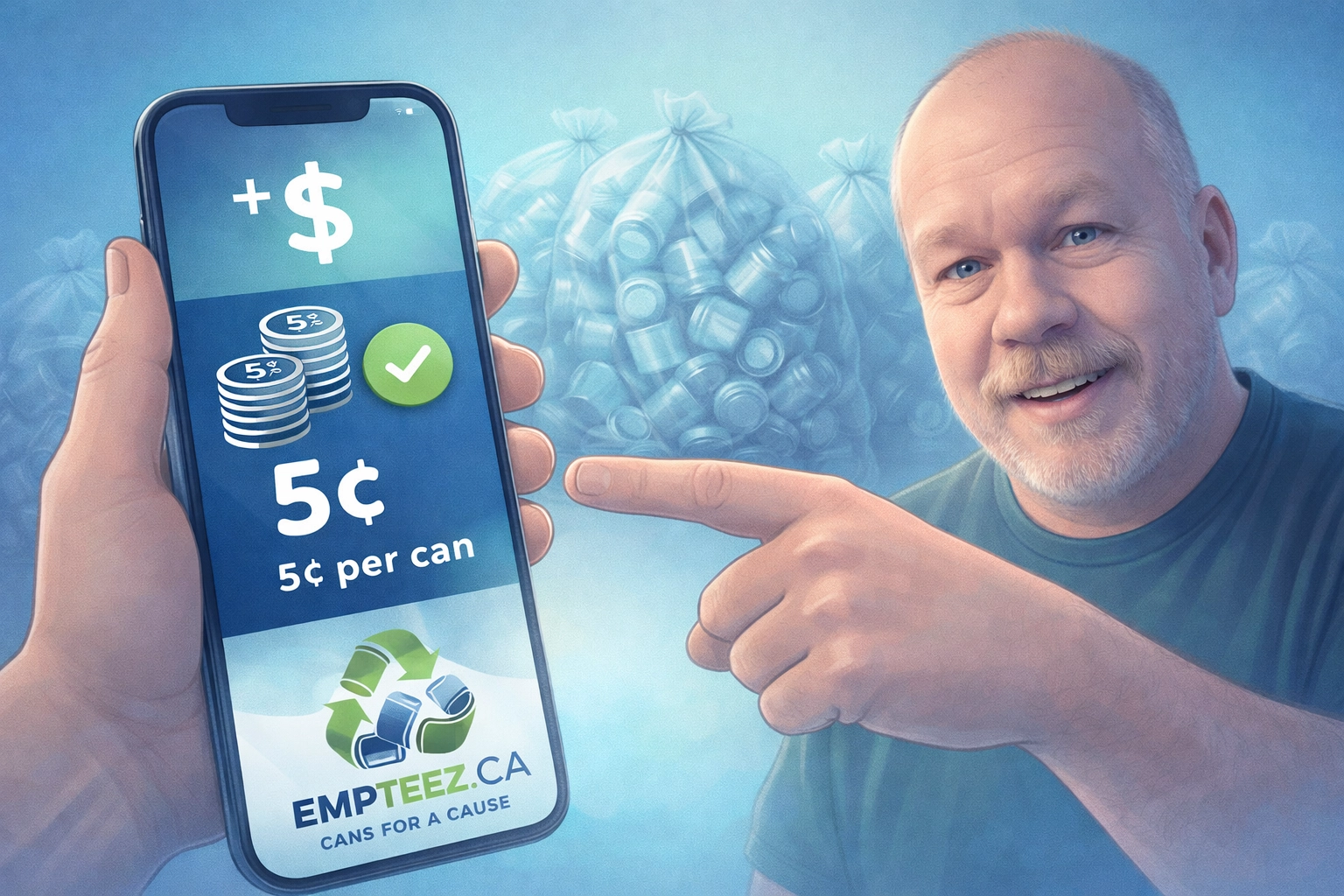 Instant 5¢ credit shown on a phone after counting aluminum cans (Empteez.ca)
