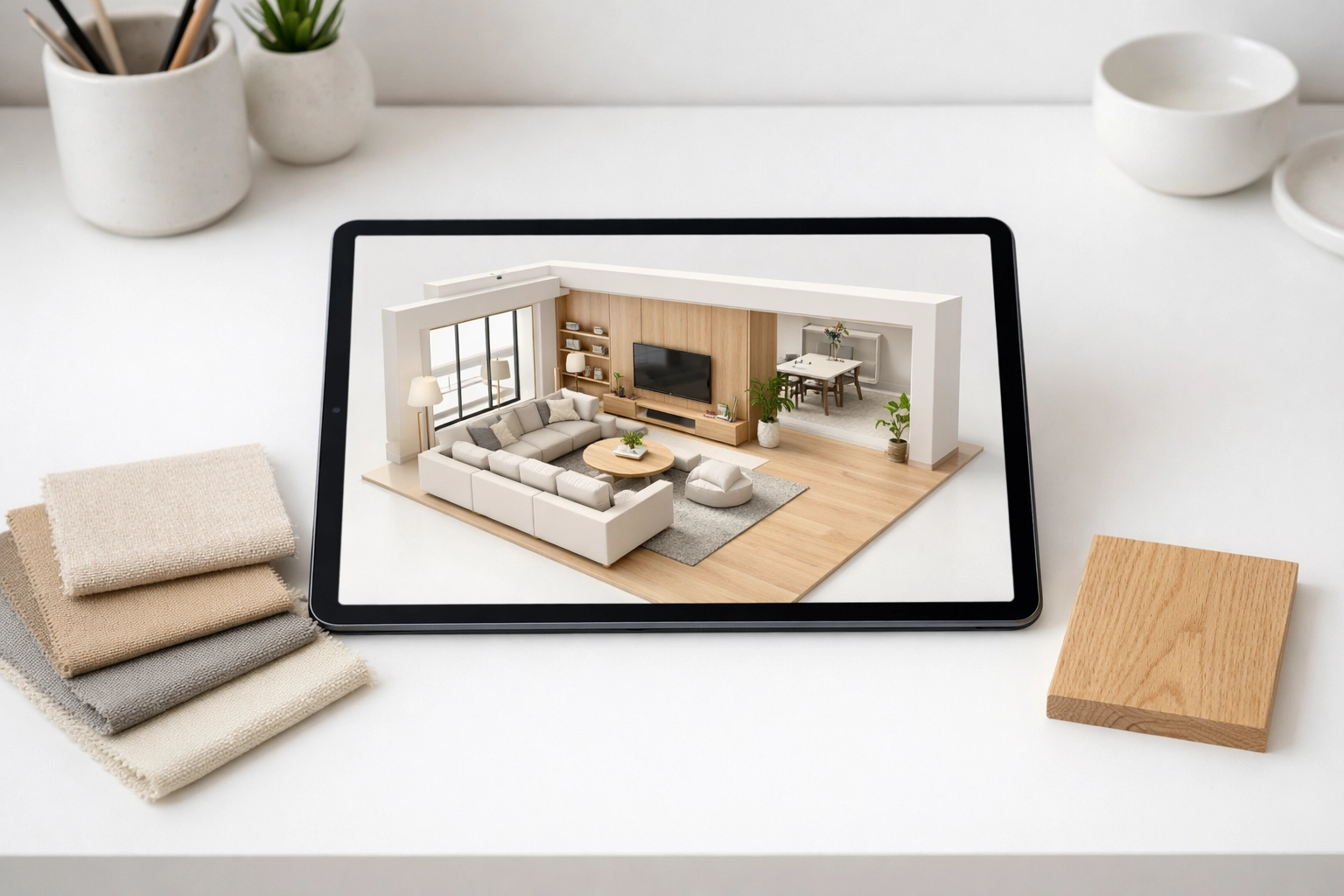 Custom home interior design floor plan on a tablet with fabric swatches for a personalized room renovation.