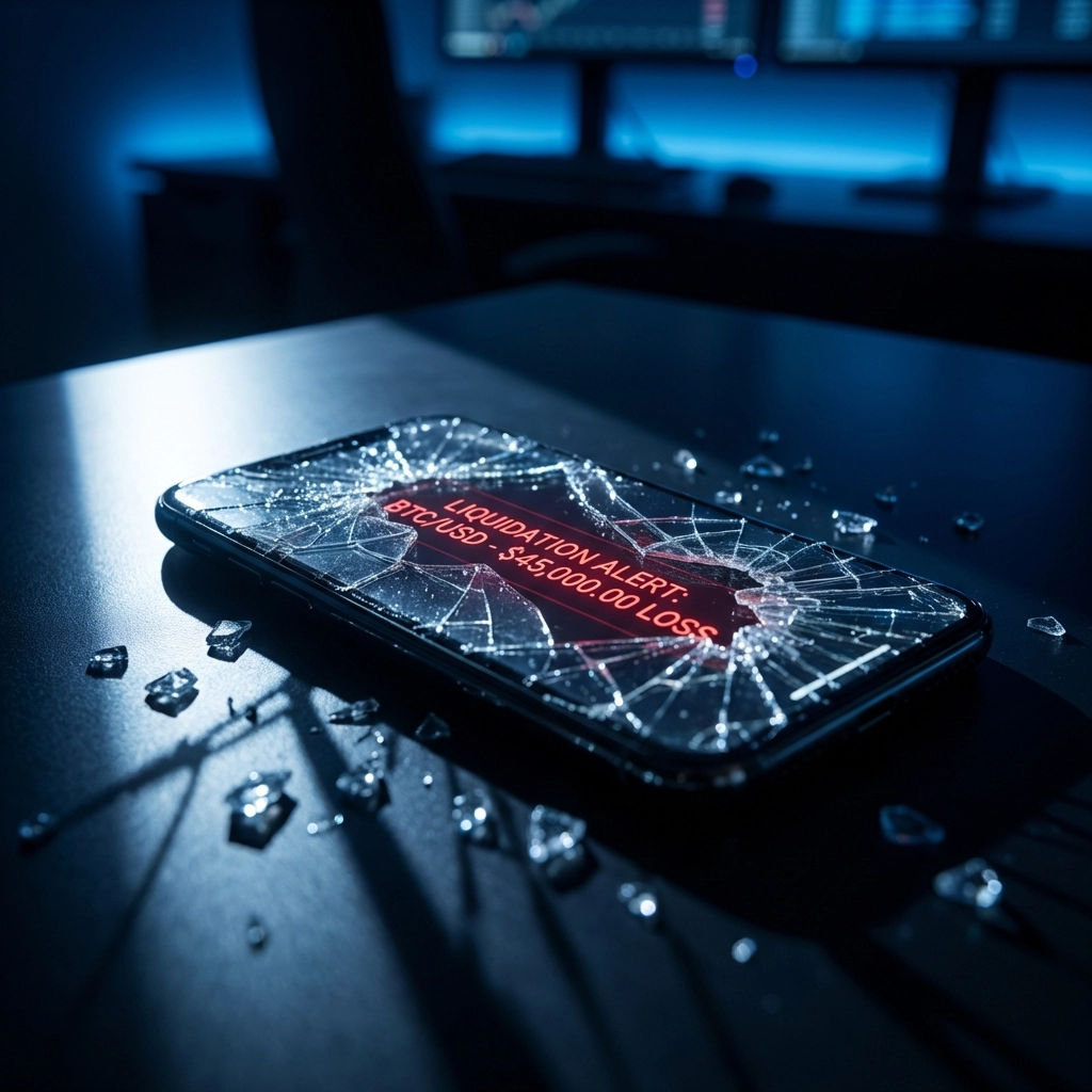 Broken smartphone displaying crypto liquidation alert highlights the risks of high leverage trading