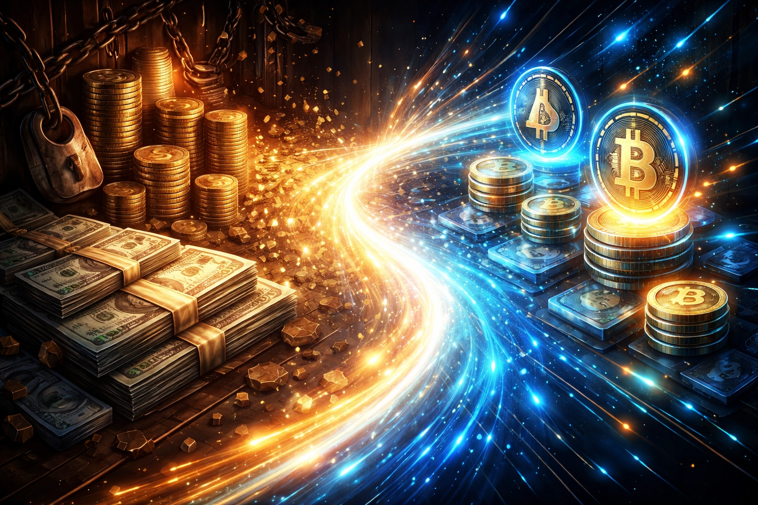 Traditional cash and coins transforming into digital crypto tokens, illustrating the shift to Larecoin Web3 payments.