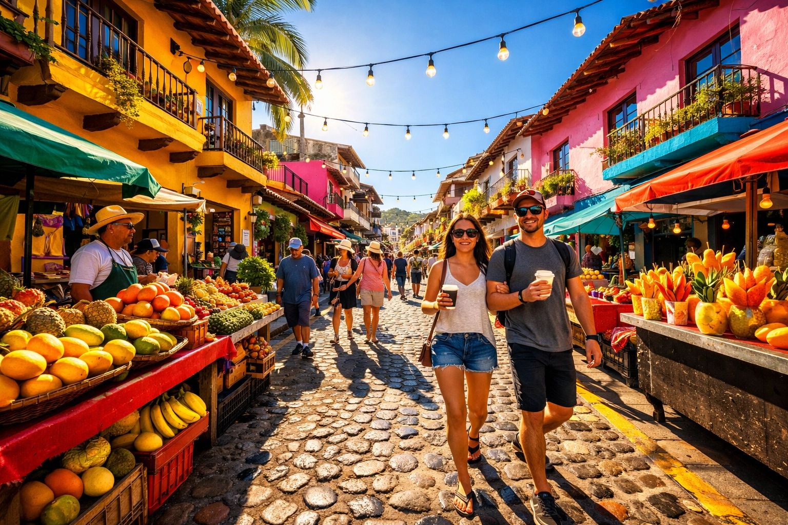 Colorful Zona Romántica street in Puerto Vallarta with local vendors and colonial buildings