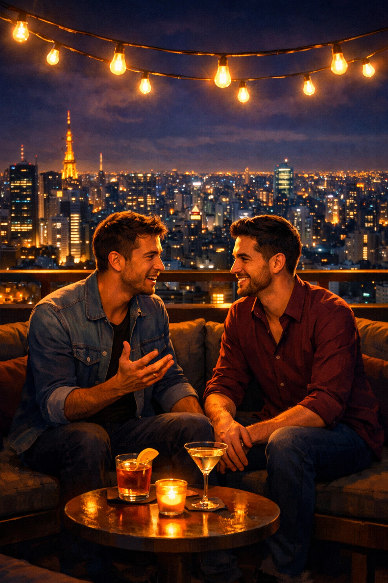Men connecting on rooftop bar overlooking São Paulo skyline - slow burn MM romance moment