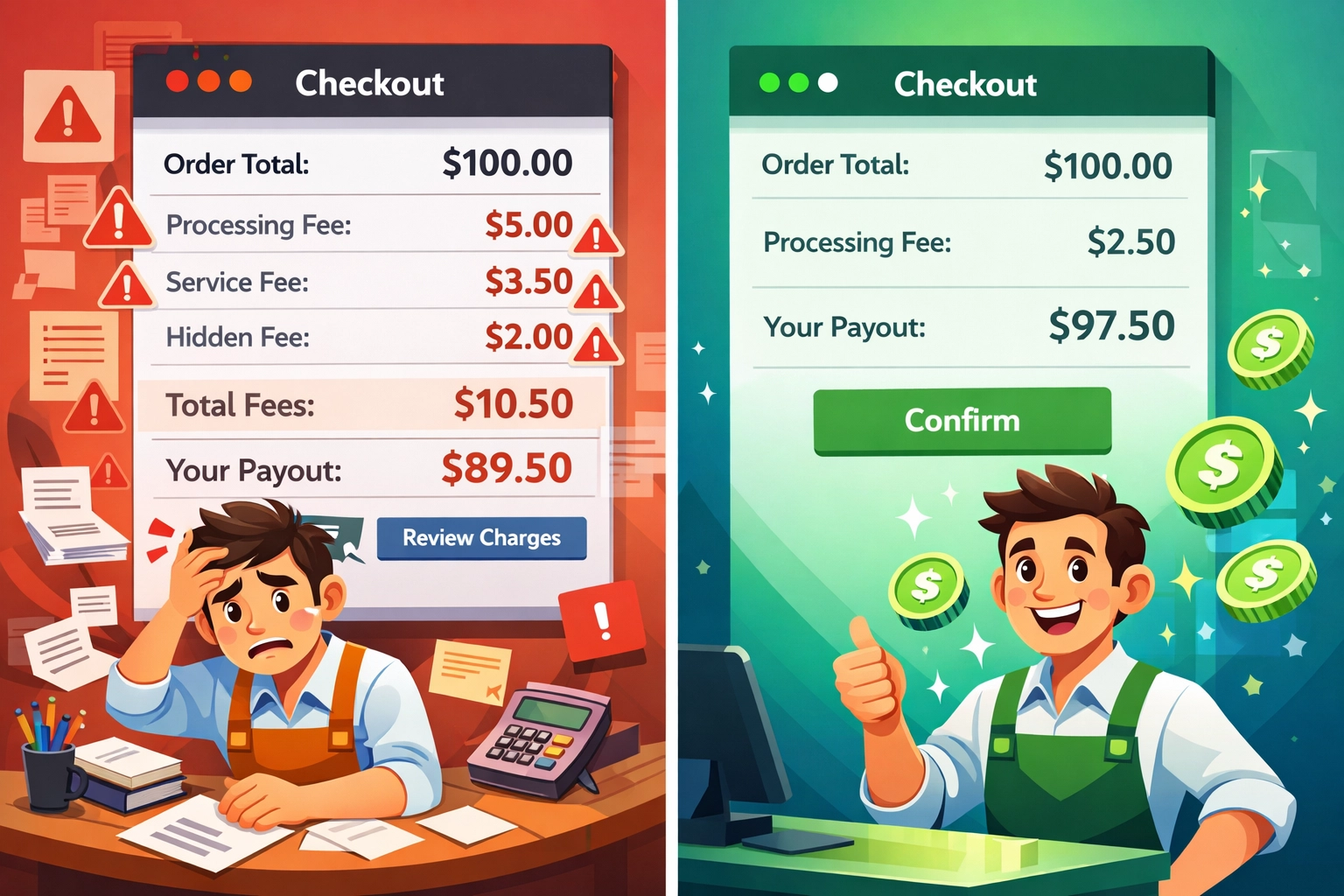 Merchant fee comparison showing Larecoin 50% cheaper than NOWPayments for crypto processing