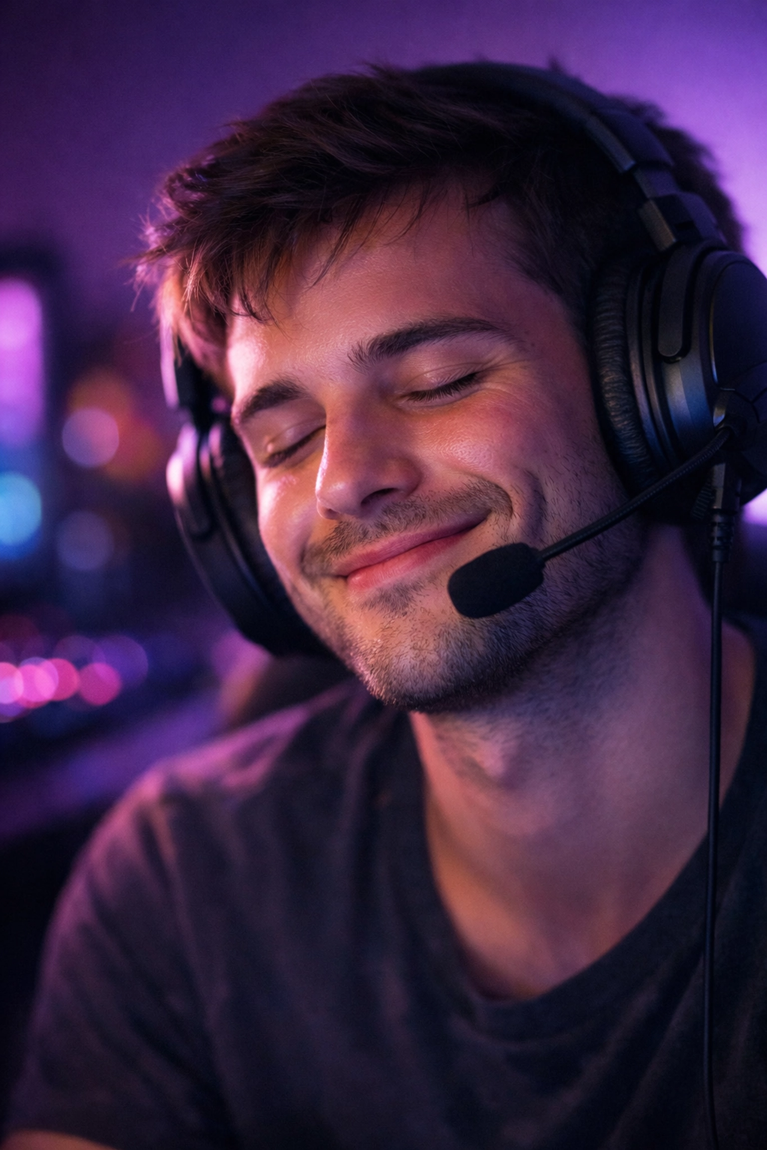 Gay gamer with headset enjoying intimate voice chat connection