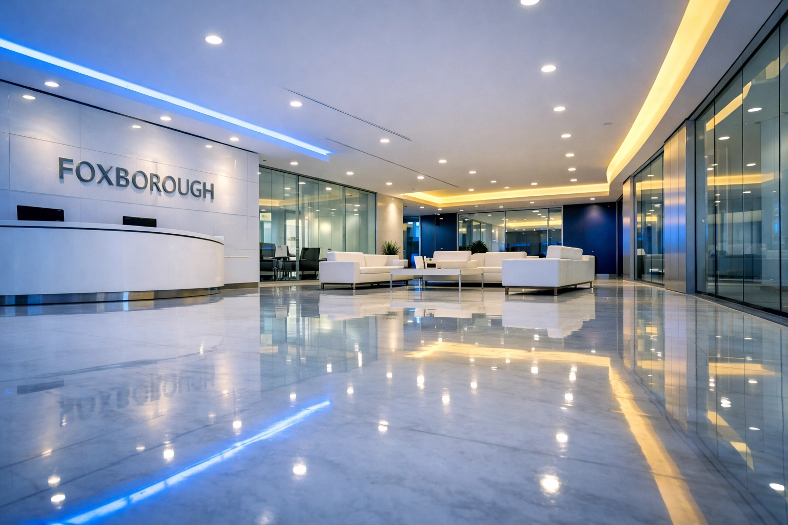 Spotless modern corporate office lobby in Foxborough reflecting professional commercial cleaning standards.