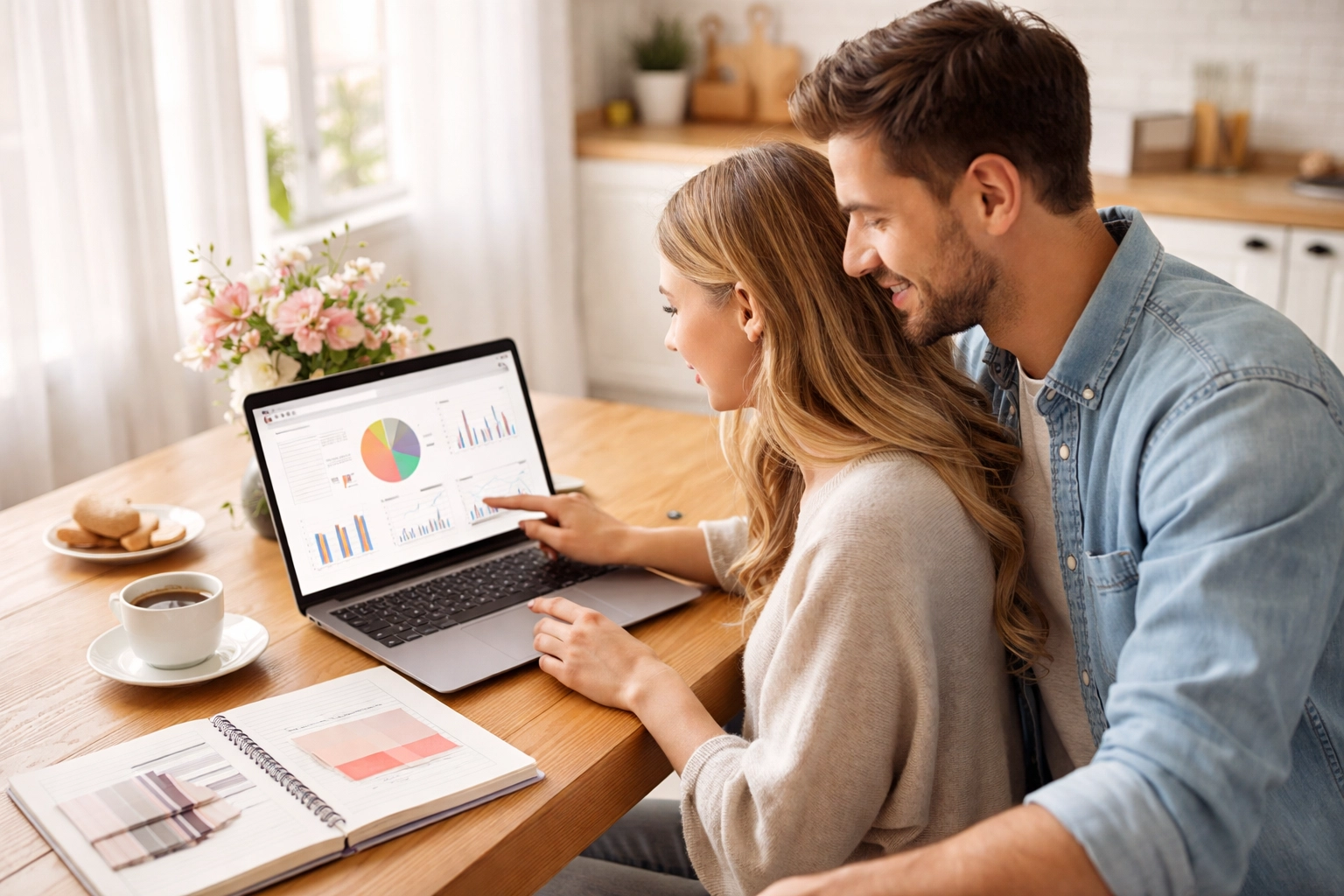 Engaged couple tracking digital wedding RSVPs on laptop to help manage their wedding budget